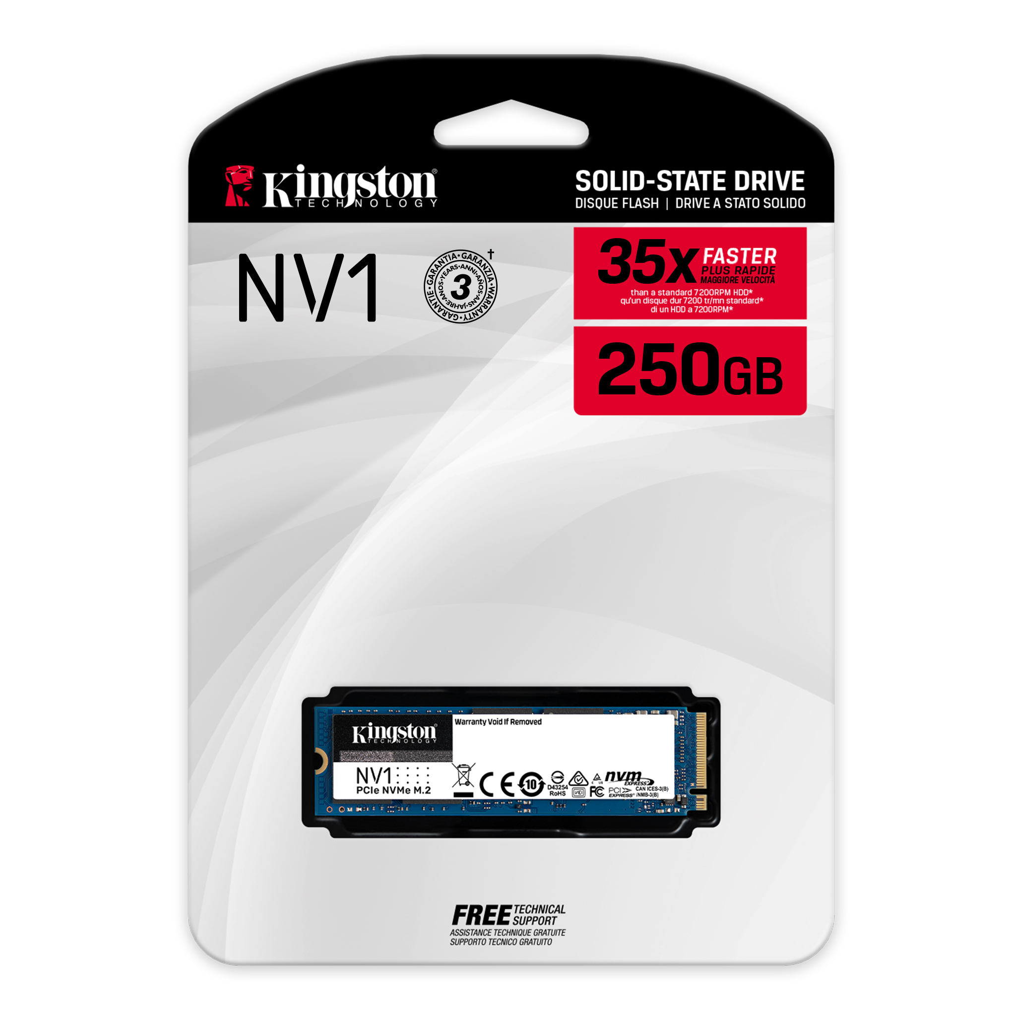 SSD Kingston NV1 en embalaje. Embalaje blanco y azul con información. 250 GB.