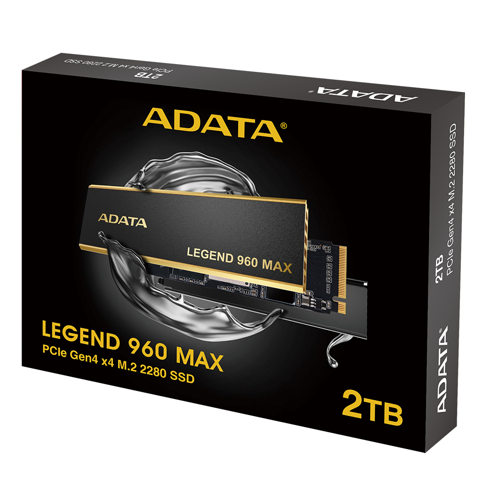 Pudełko ADATA Legend 960 MAX SSD. Czarny i złoty design, z rozpryskiem wody.