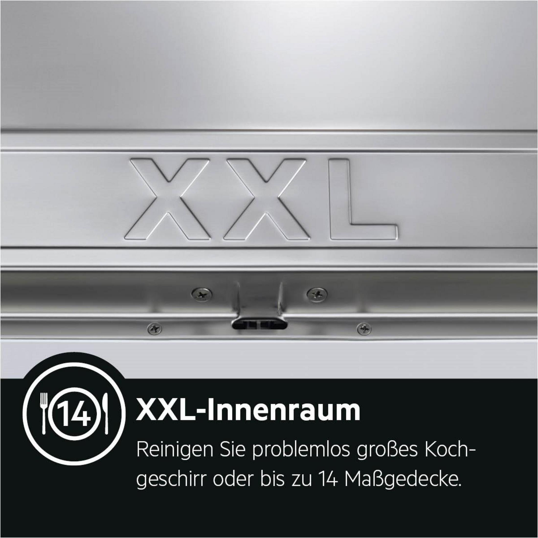 Edelstahl-Geschirrspülerinnenraum mit dem Text „XXL“. Grafik zeigt 14 Maßgedecke.