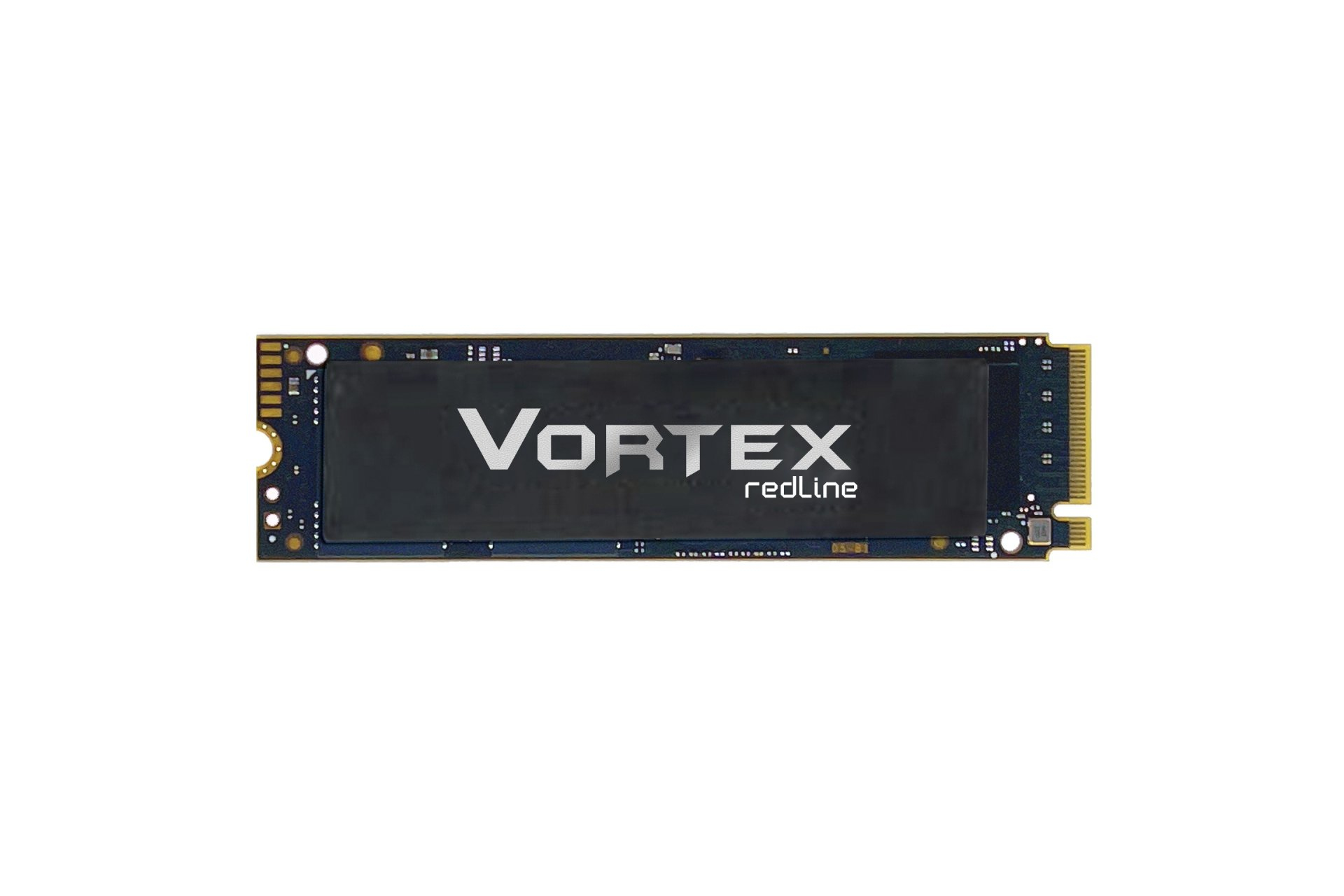 Un SSD Vortex Redline nero su sfondo bianco. La parola Vortex è bianca, e Redline è rossa.