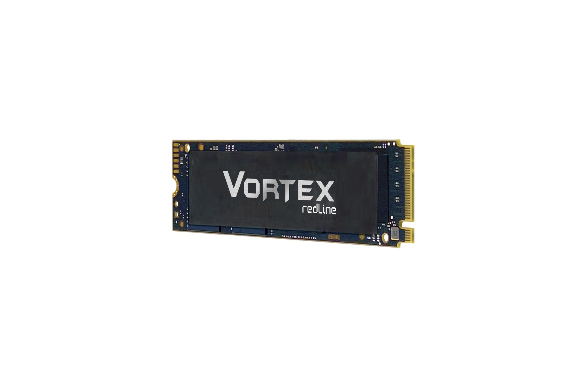 Un SSD Vortex Redline nero su sfondo bianco. La parola Vortex è bianca e redline è rossa.
