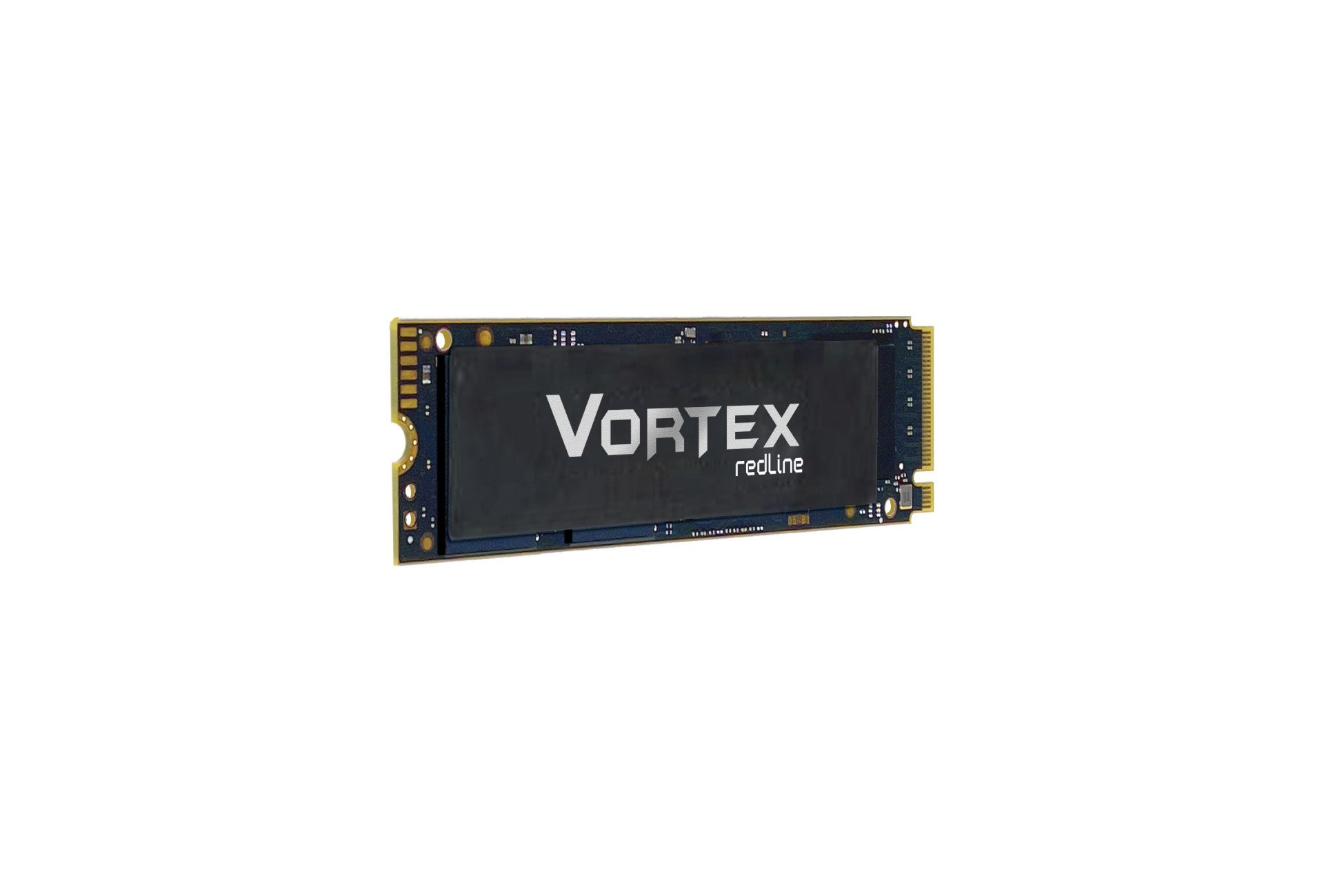 Un SSD Vortex Redline nero su sfondo bianco. La parola Vortex è bianca e redline è rossa.