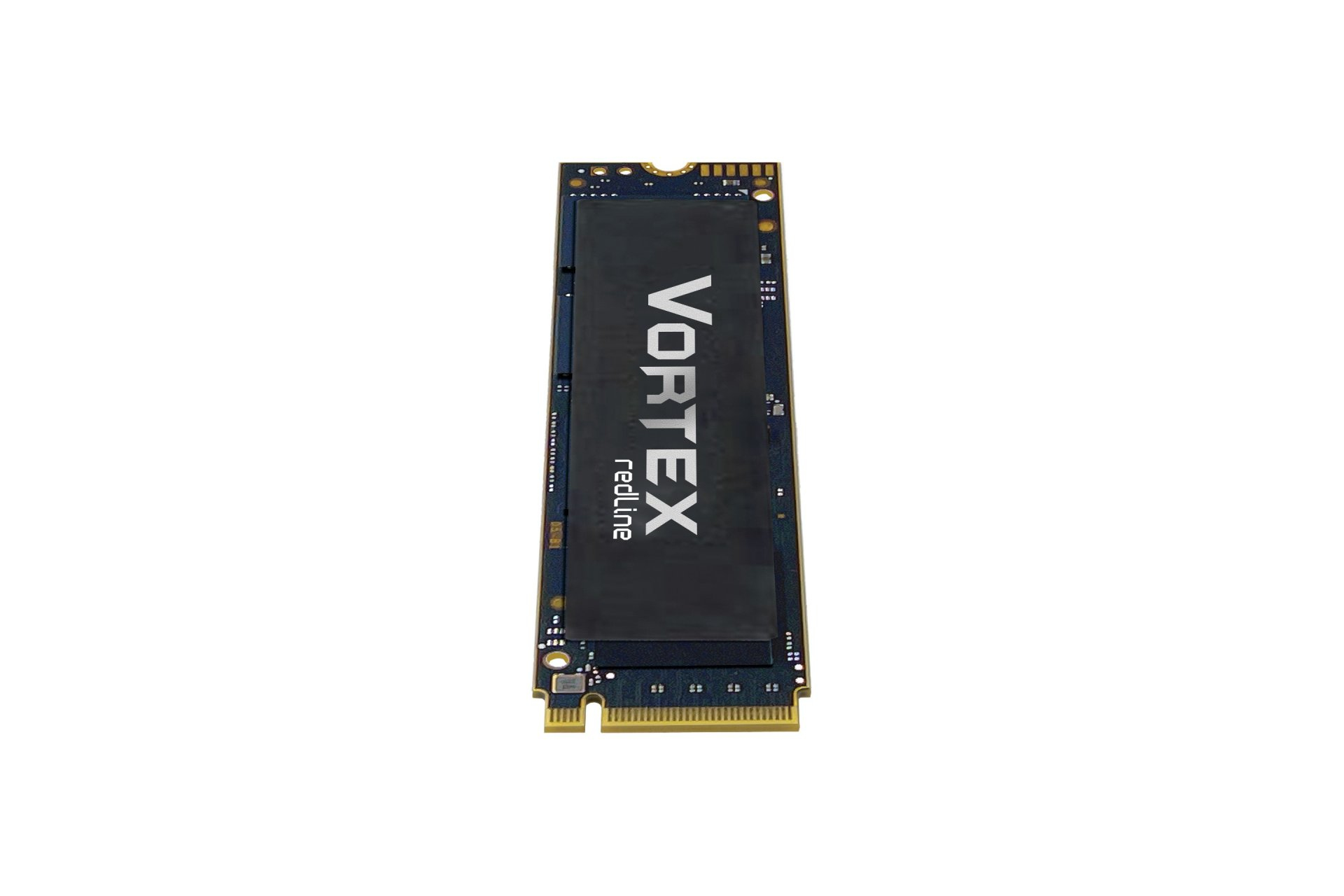 Un SSD Vortex Redline nero su sfondo bianco. La parola Vortex è bianca e redline è rossa.