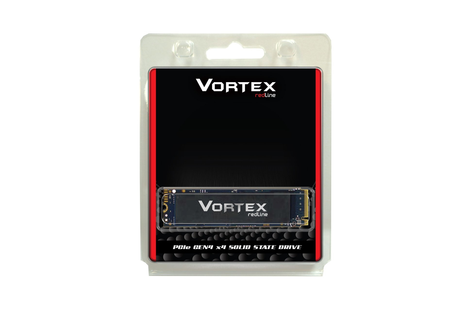SSD Vortex Redline in una confezione di plastica. La confezione è nera, rossa e bianca. Lo sfondo è bianco.