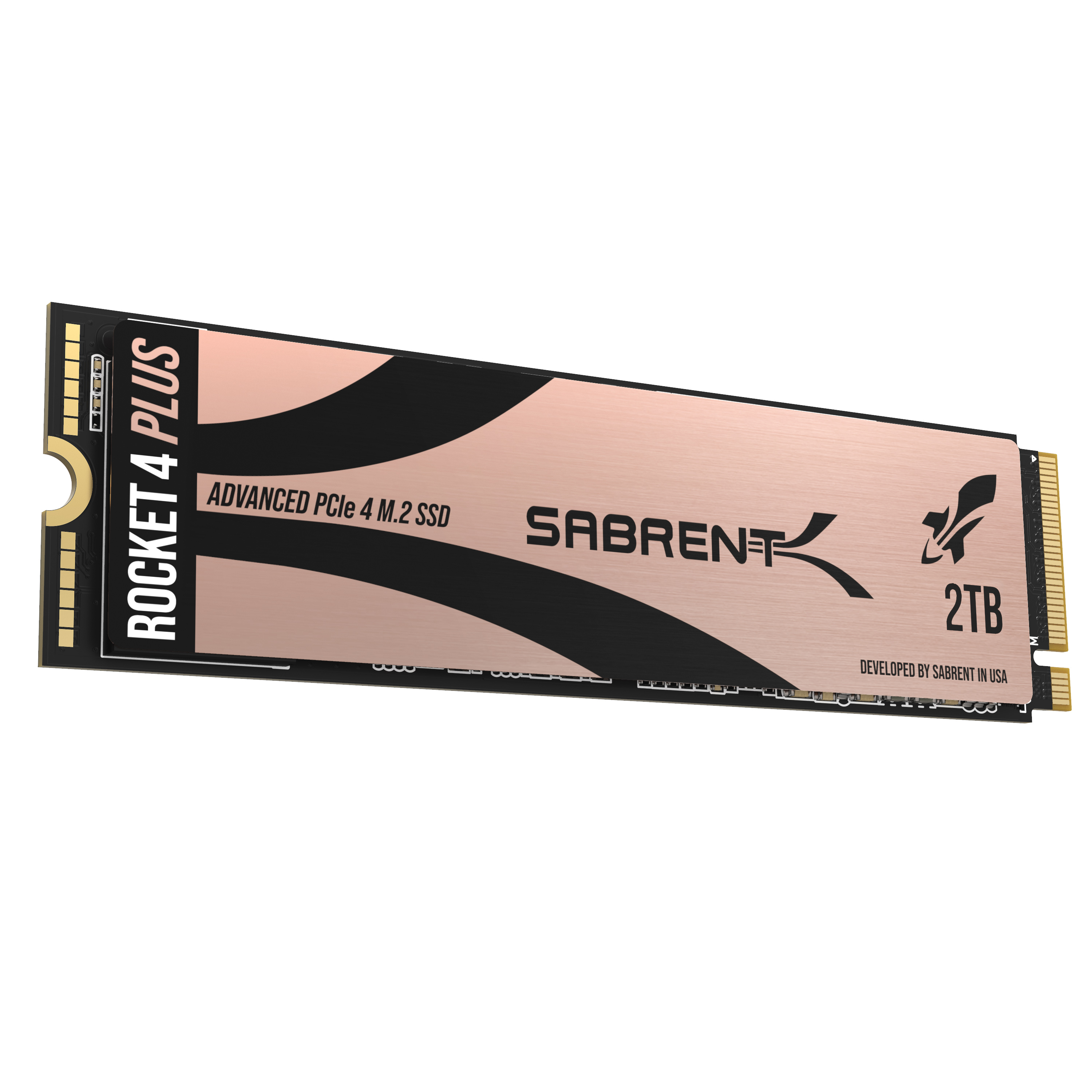 Dysk SSD Sabrent Rocket 4 Plus 2TB. Miedziany i czarny design. Etykieta.