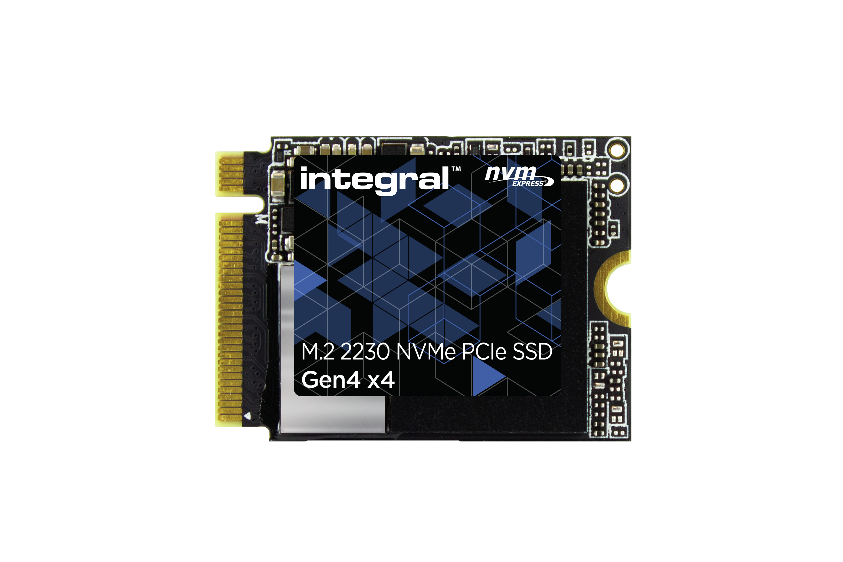 Dysk SSD Integral M.2 2230 NVMe PCIe, czarny z niebiesko-białą etykietą, na białym.