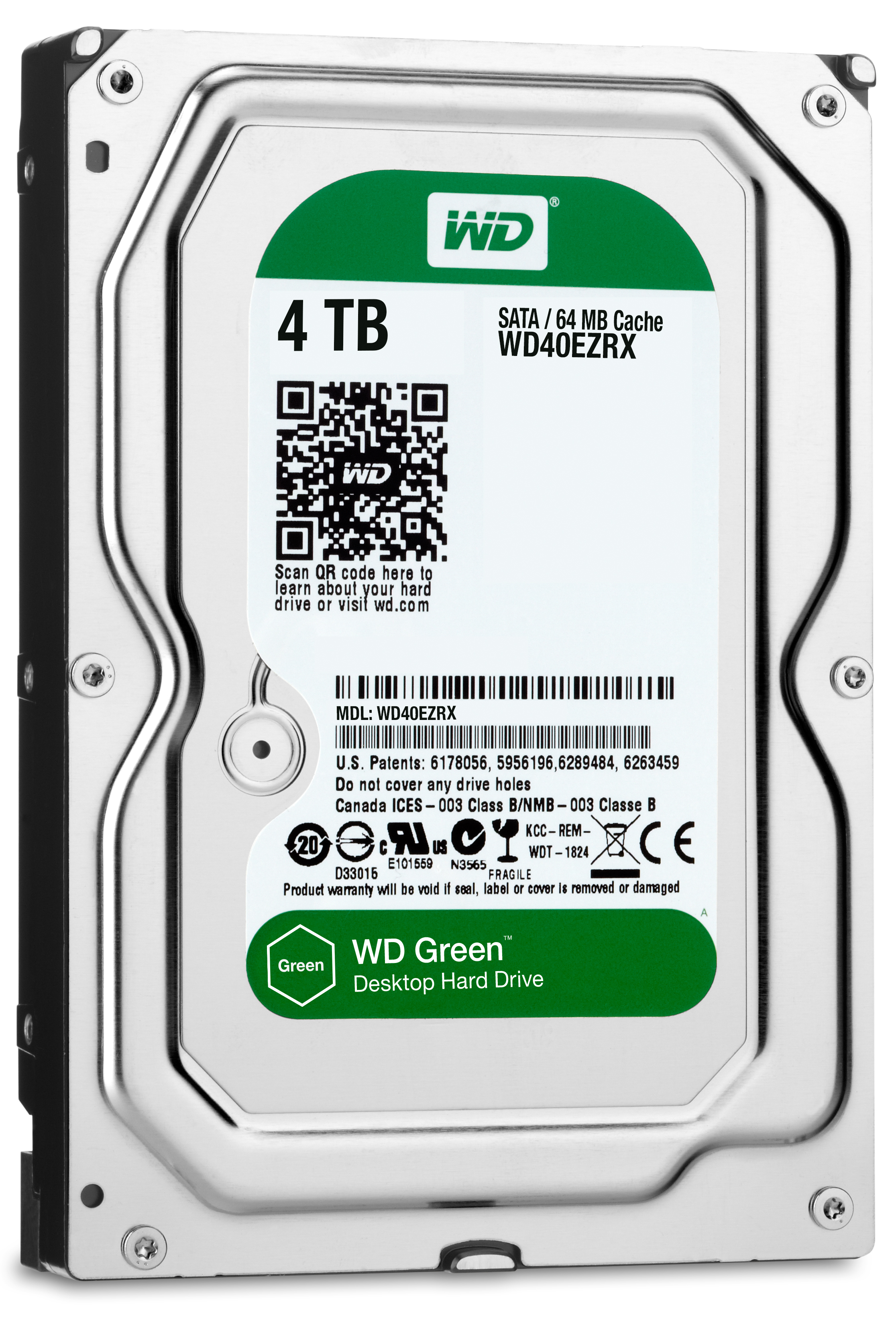 Disco duro plateado con etiqueta verde que dice 4TB y WD Green. El fondo es blanco.