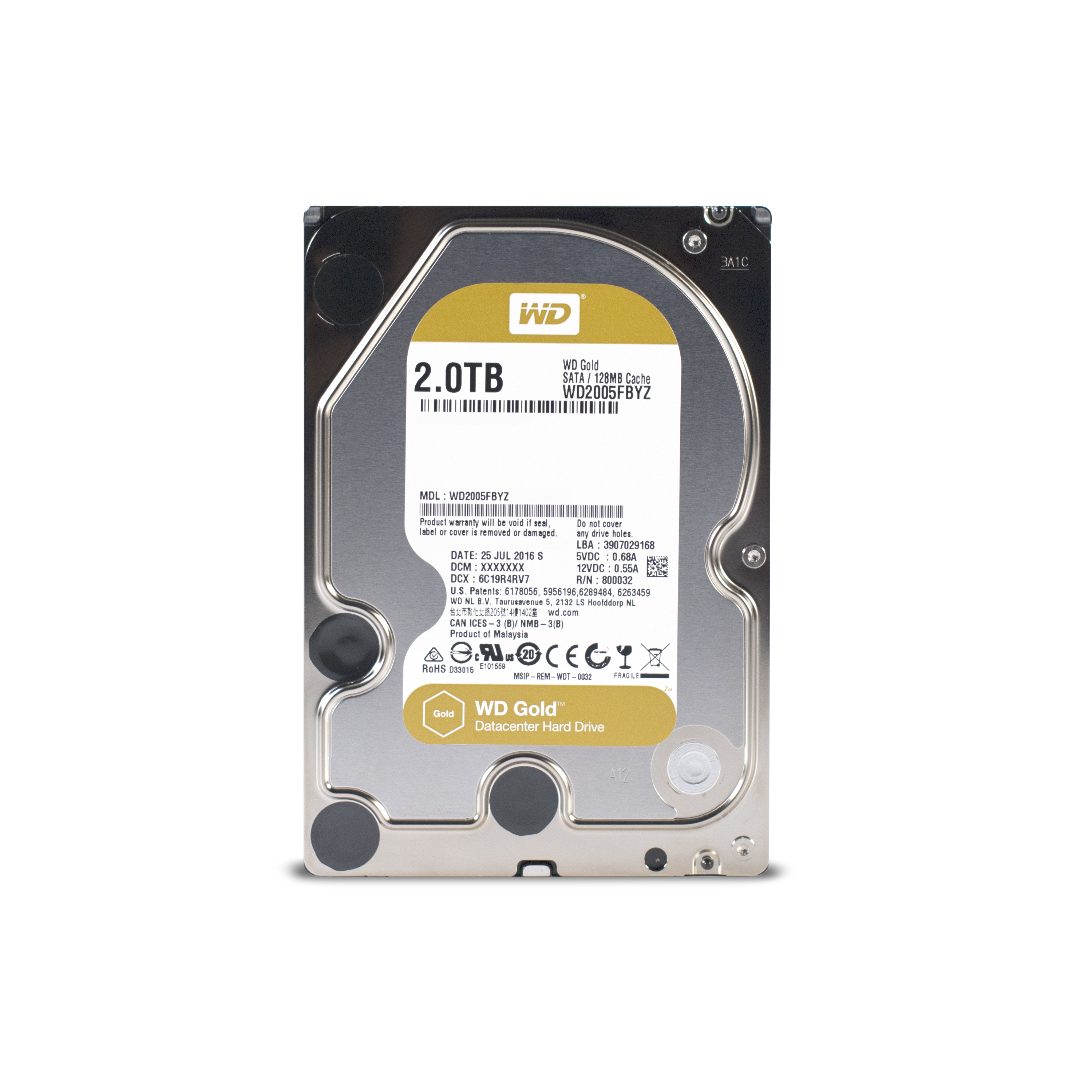Hard disk WD da 2 TB con etichetta dorata. Nero e argento. Testo e loghi sull'etichetta. Unità verticale.