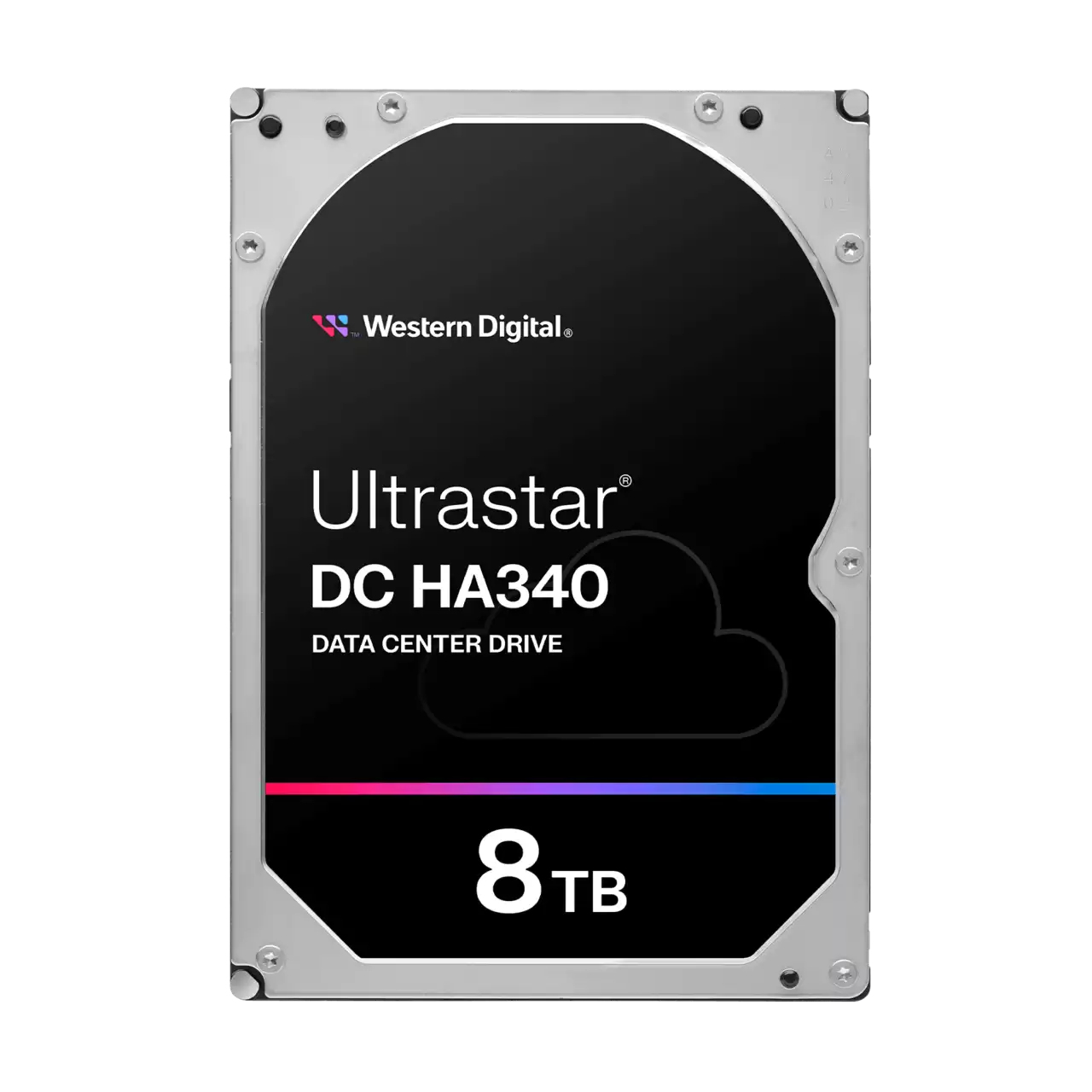 Western Digital Ultrastar Festplatte. Schwarzes Etikett, weißer Text, Wolke, blau/rosa Streifen.