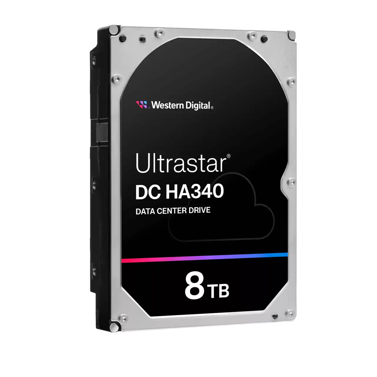 Western Digital Ultrastar Festplatte. Schwarzes Etikett, weißer Text, Wolke, blau/rosa Streifen.