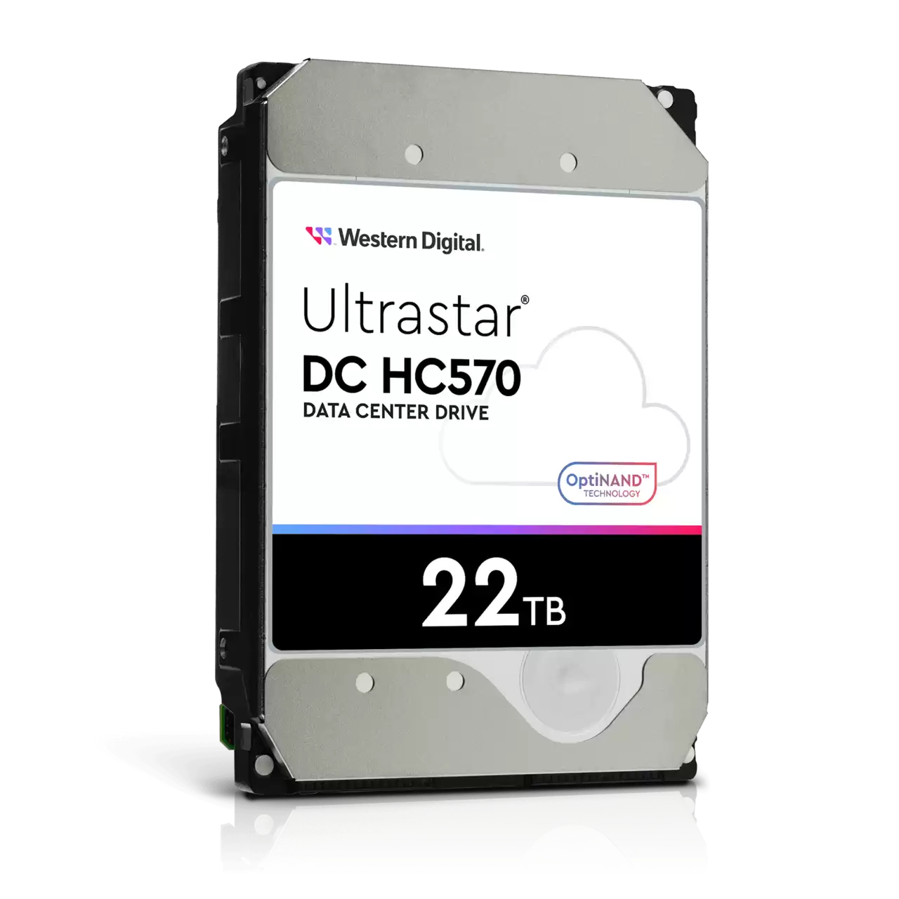 Dysk twardy Western Digital 22TB na białym tle. Etykieta mówi Ultrastar DC HC570.
