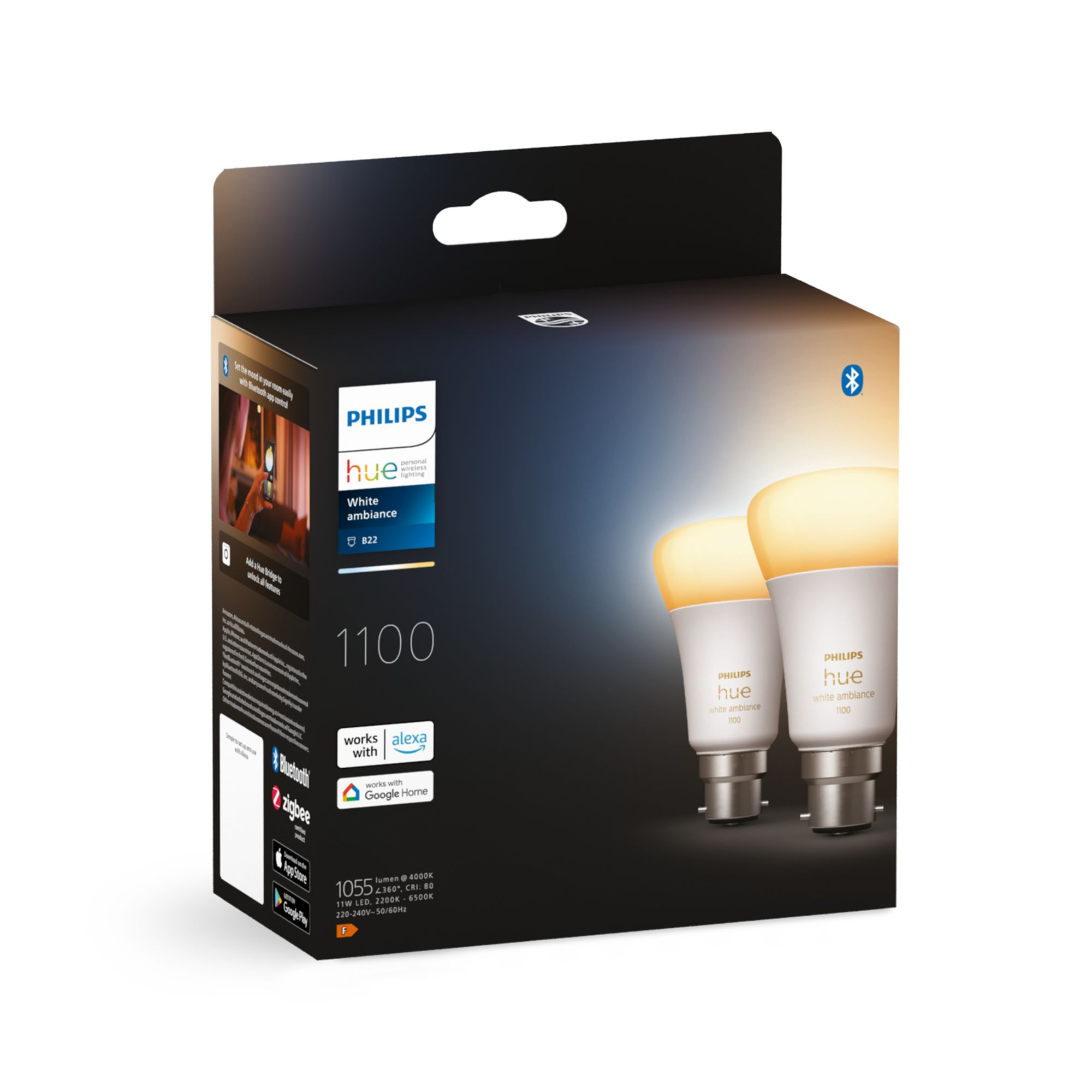 Pudełko z żarówkami Philips Hue white ambiance z dwiema żarówkami. Tło jest białe.
