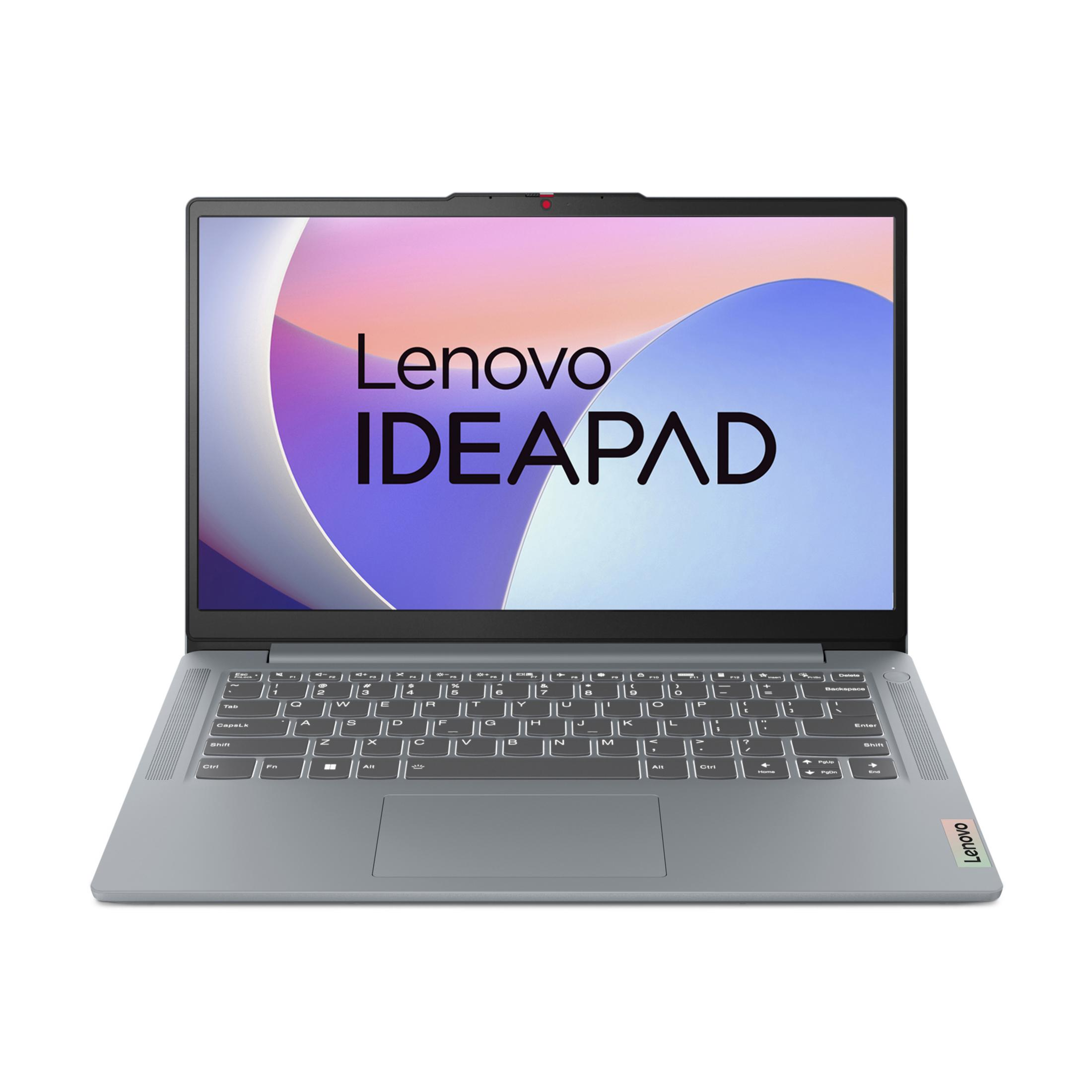 Lenovo IDEAPAD-Laptop mit hellblauem und weißem Bildschirm. Weißer Hintergrund.