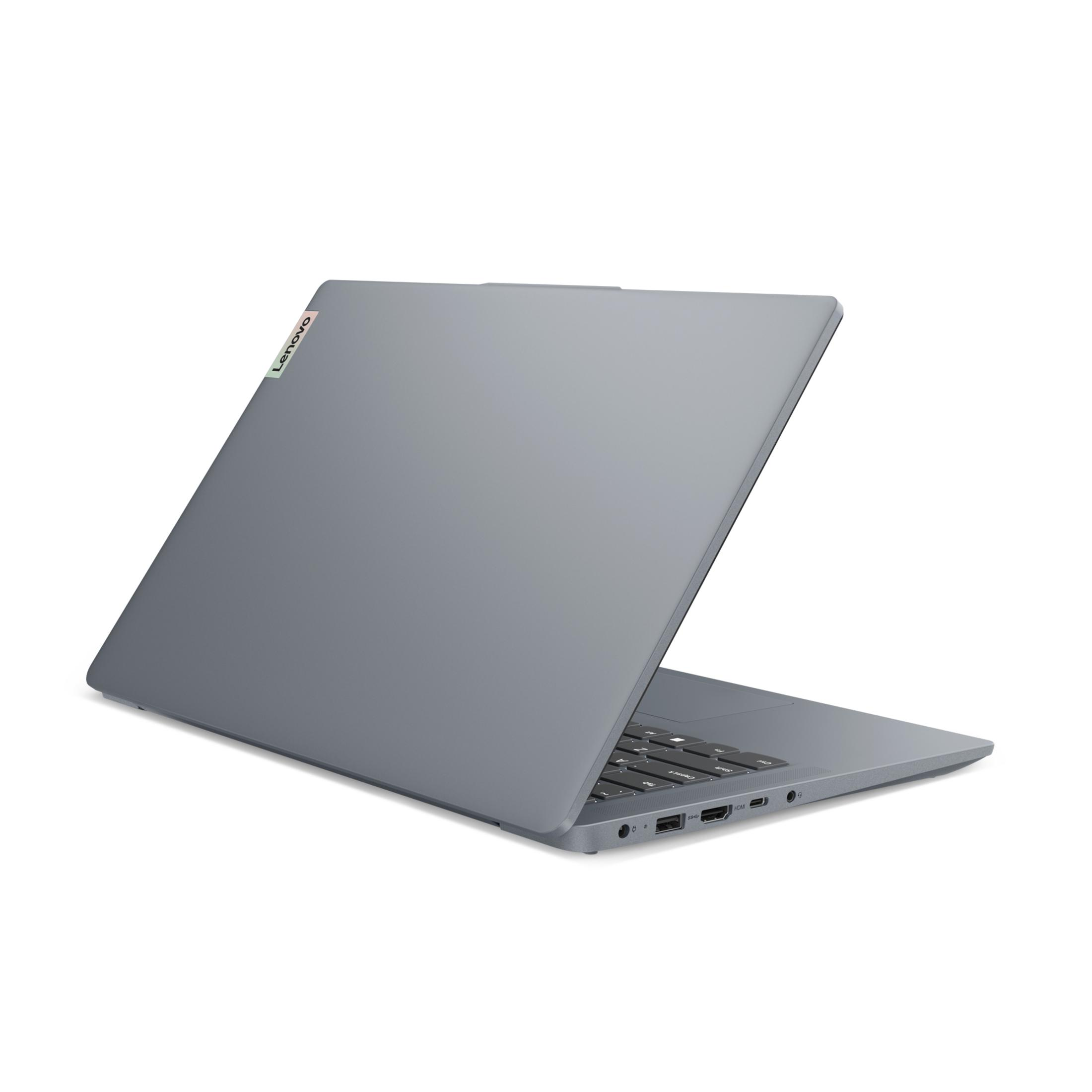 Grauer Laptop, geschlossen, auf Weiß. Lenovo-Logo sichtbar.