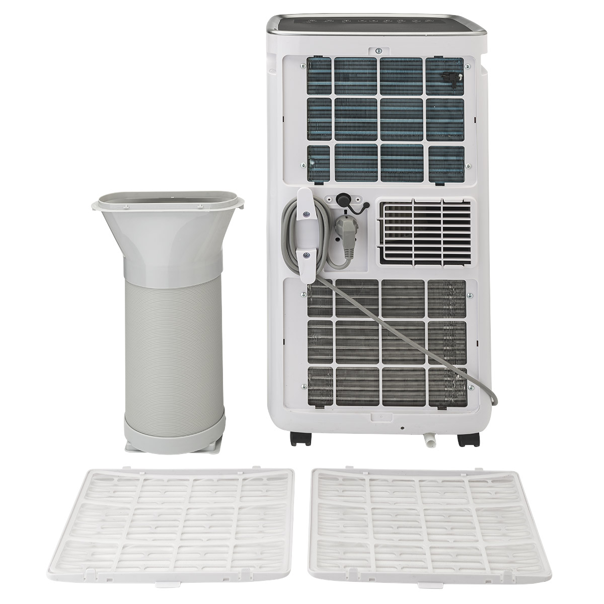 Tył białego klimatyzatora z filtrami i wężem wydechowym. Białe tło. Części zamienne.