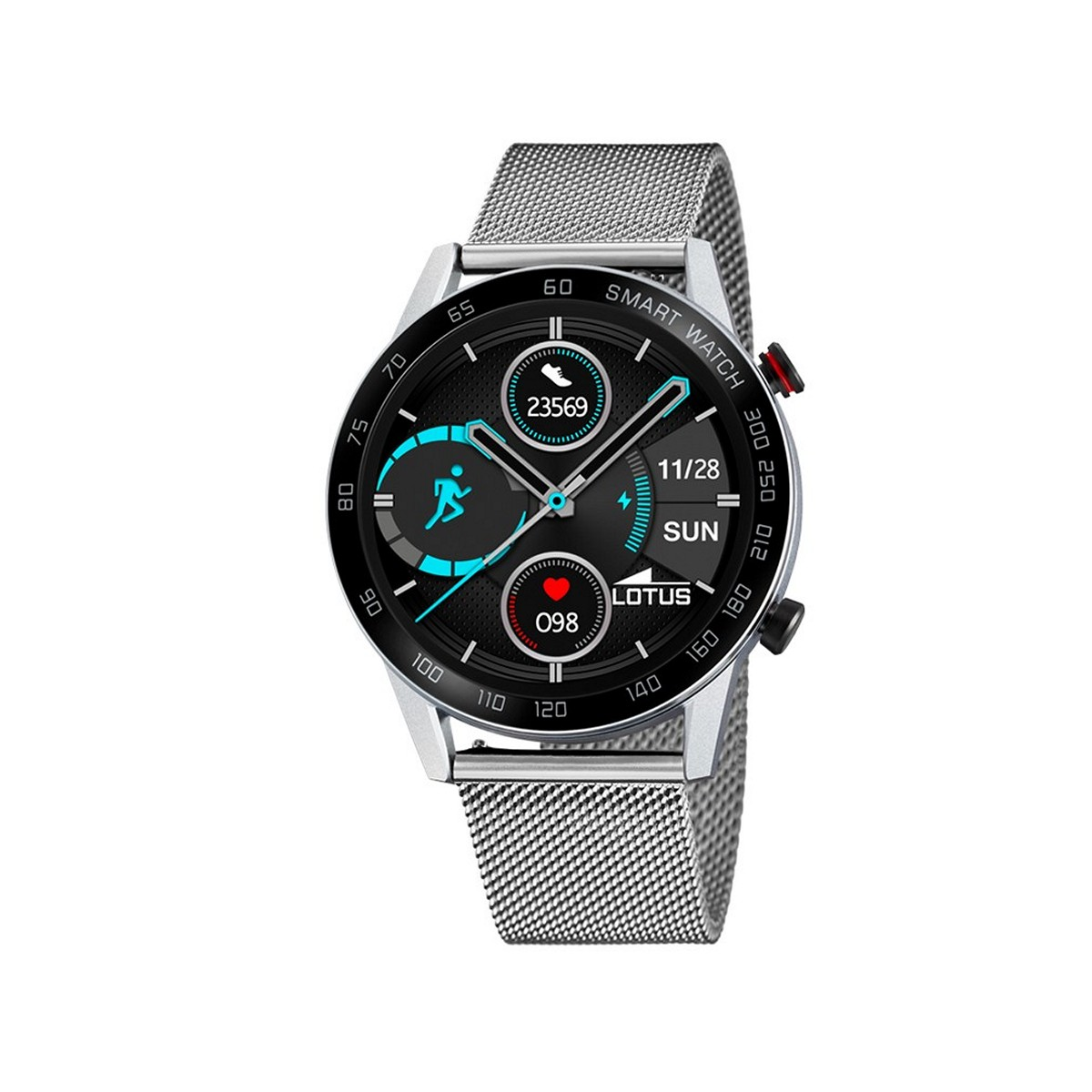 Silberne Smartwatch mit Mesh-Armband. Das Zifferblatt zeigt Zeit, Schritte, Herzfrequenz und Datum.
