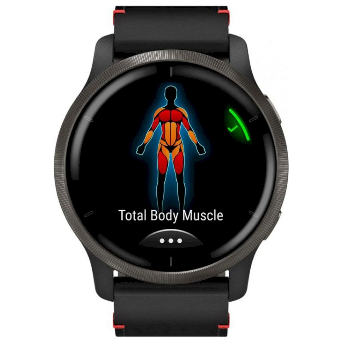 Smartwatch z czarnym paskiem pokazujący schemat mięśni całego ciała w kolorze czerwonym i pomarańczowym.