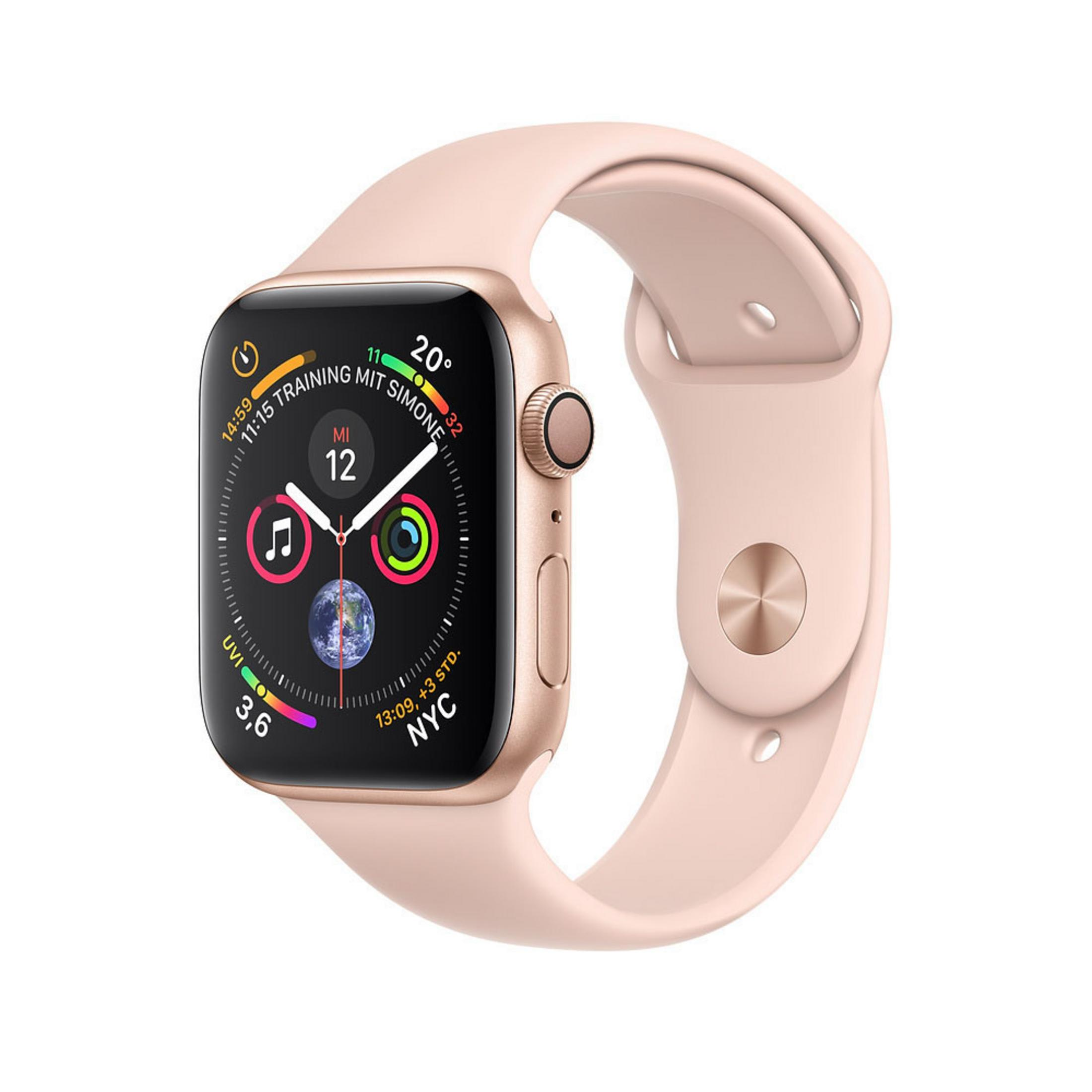 Goldene Apple Watch mit rosa Armband. Schwarzer Bildschirm.