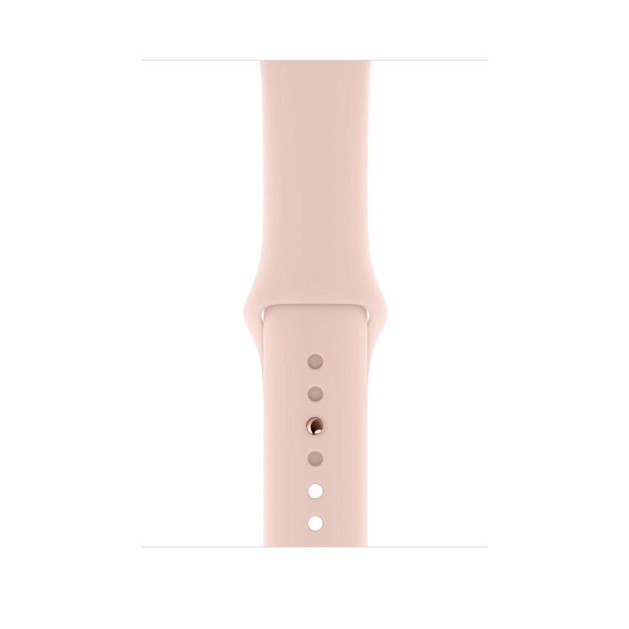 Nahaufnahme eines hellrosa Apple Watch Armbands. Das Band ist auf weißem Hintergrund.