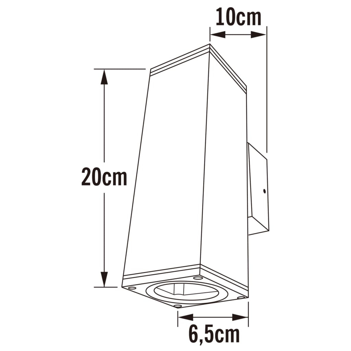 Un diagramma di una luce esterna a parete con dimensioni: 20 cm altezza, 10 cm larghezza e 6,5 cm profondità.