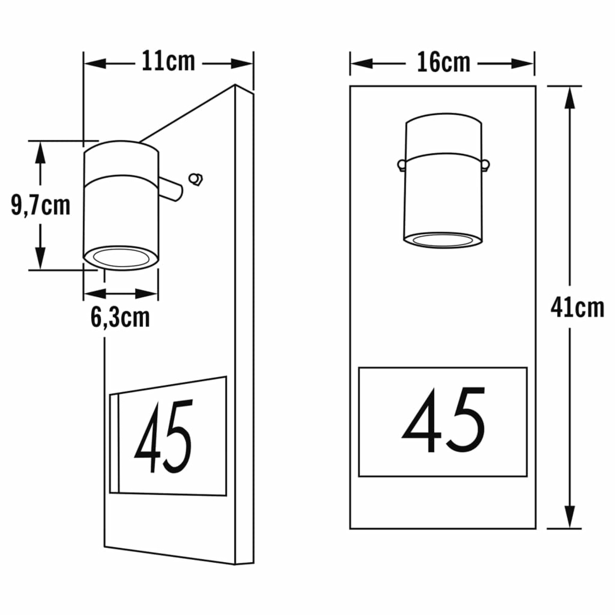 Un'applique da parete nera con il numero 45 e una luce cilindrica sopra.