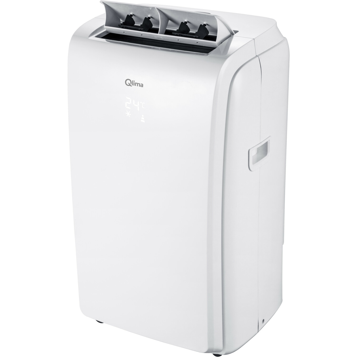 White Qlima portable air conditioner, angled view, with vents open at the top.