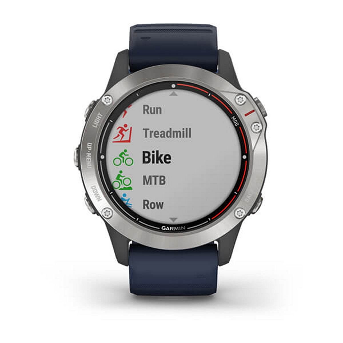 Garmin-Uhr, die die Fahrradaktivität auf dem Bildschirm mit anderen Sportoptionen anzeigt.