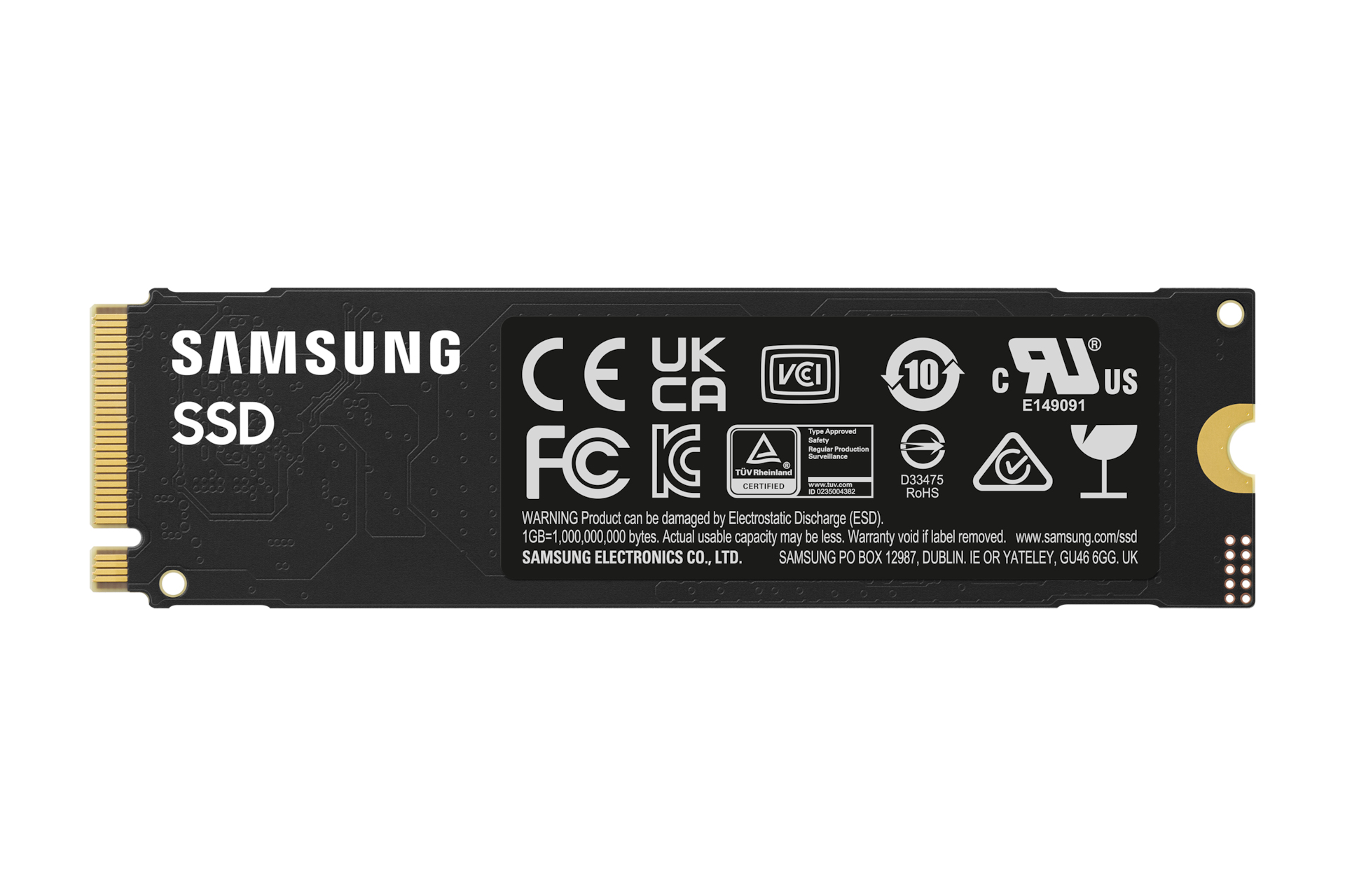 Czarny dysk SSD Samsung z logo i tekstem. Białe tło.