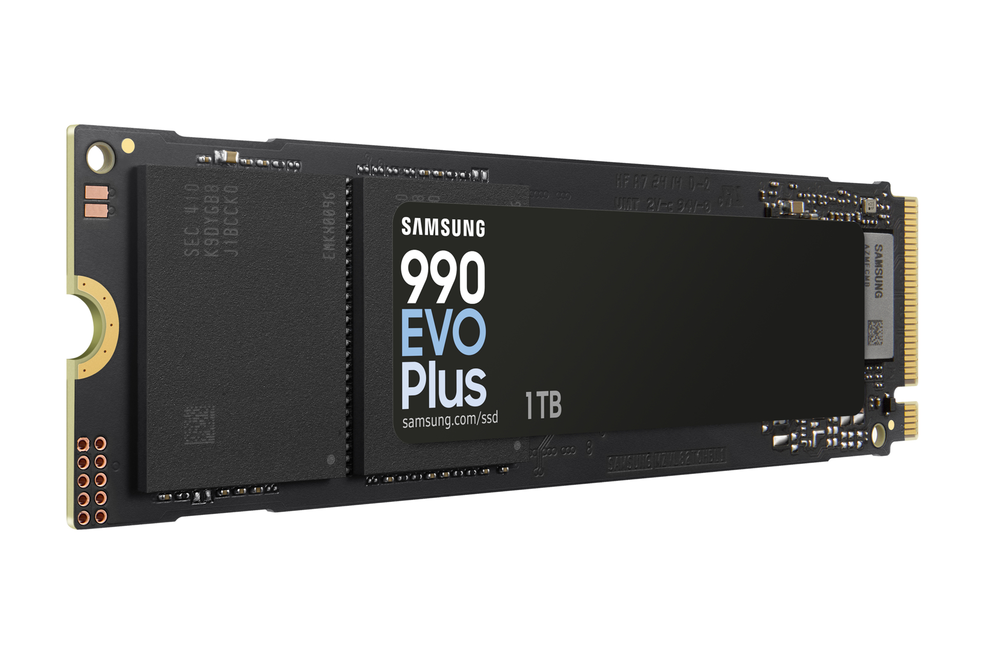 Czarny dysk SSD Samsung z białym tekstem, białe tło. Tekst zawiera markę i pojemność.