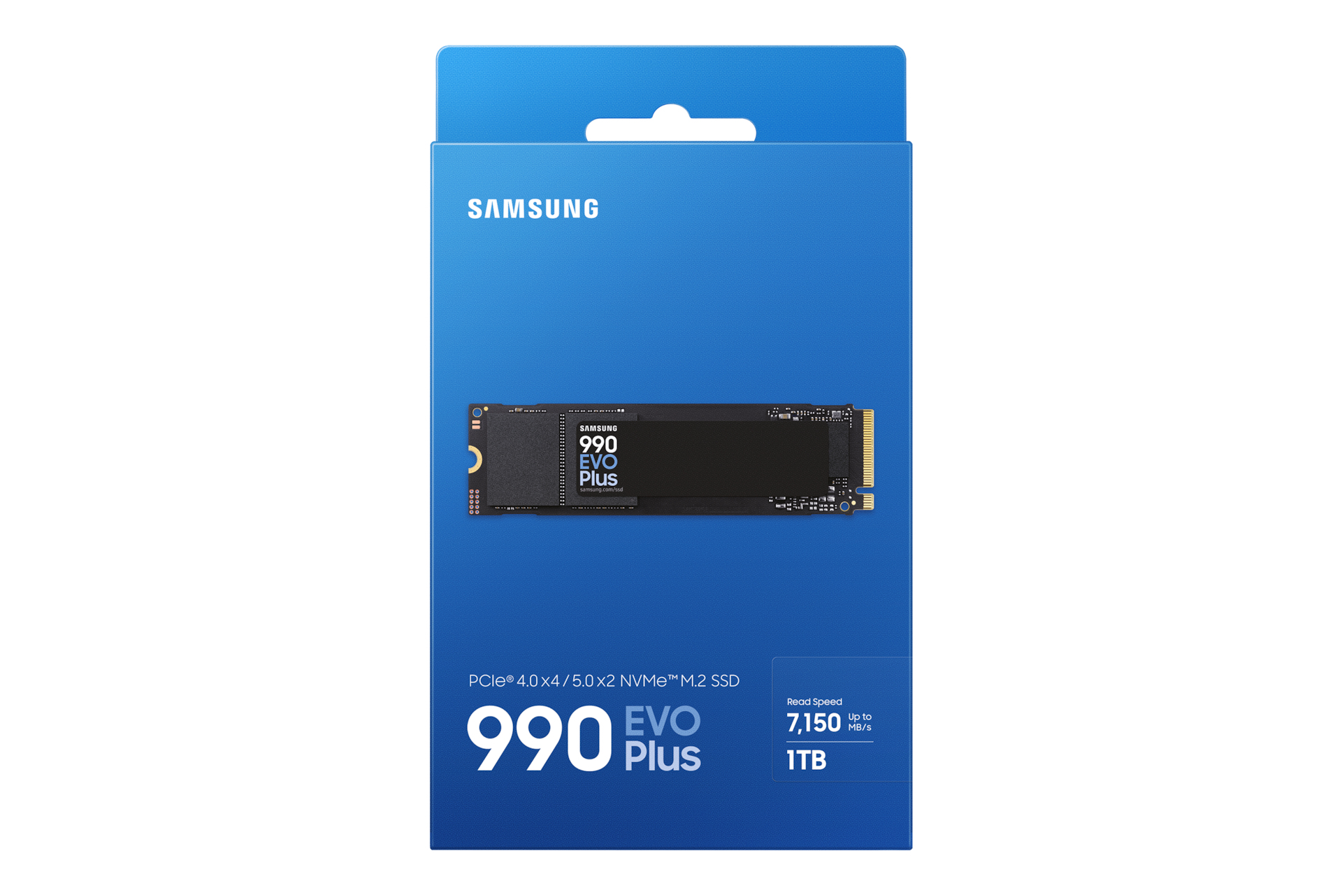 Niebieskie pudełko z dyskiem SSD Samsung w środku. Pudełko pokazuje czarny dysk SSD z napisem "990 EVO Plus".