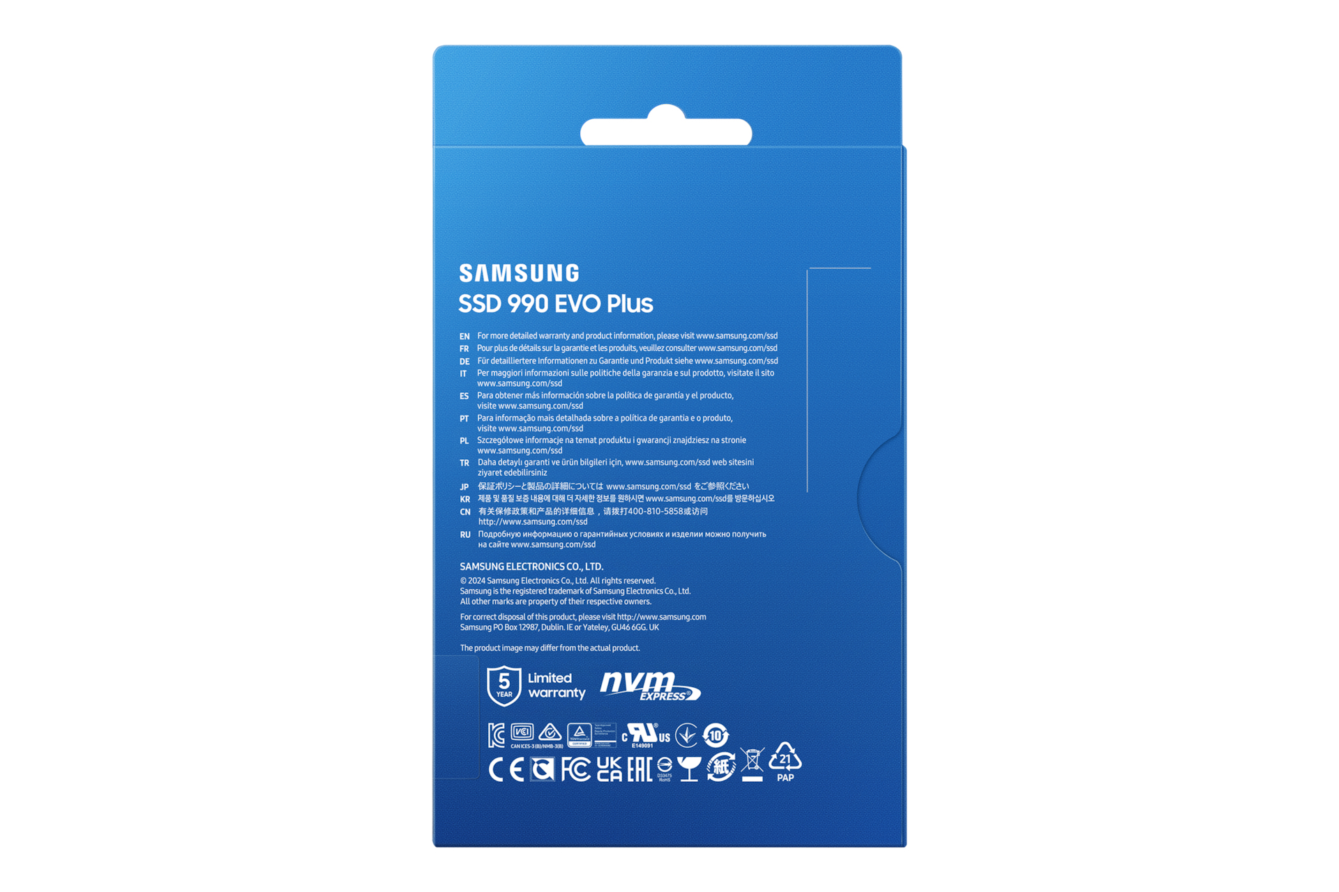 Niebieskie pudełko Samsung SSD 990 EVO Plus z tekstem i logo. Tło jest białe.