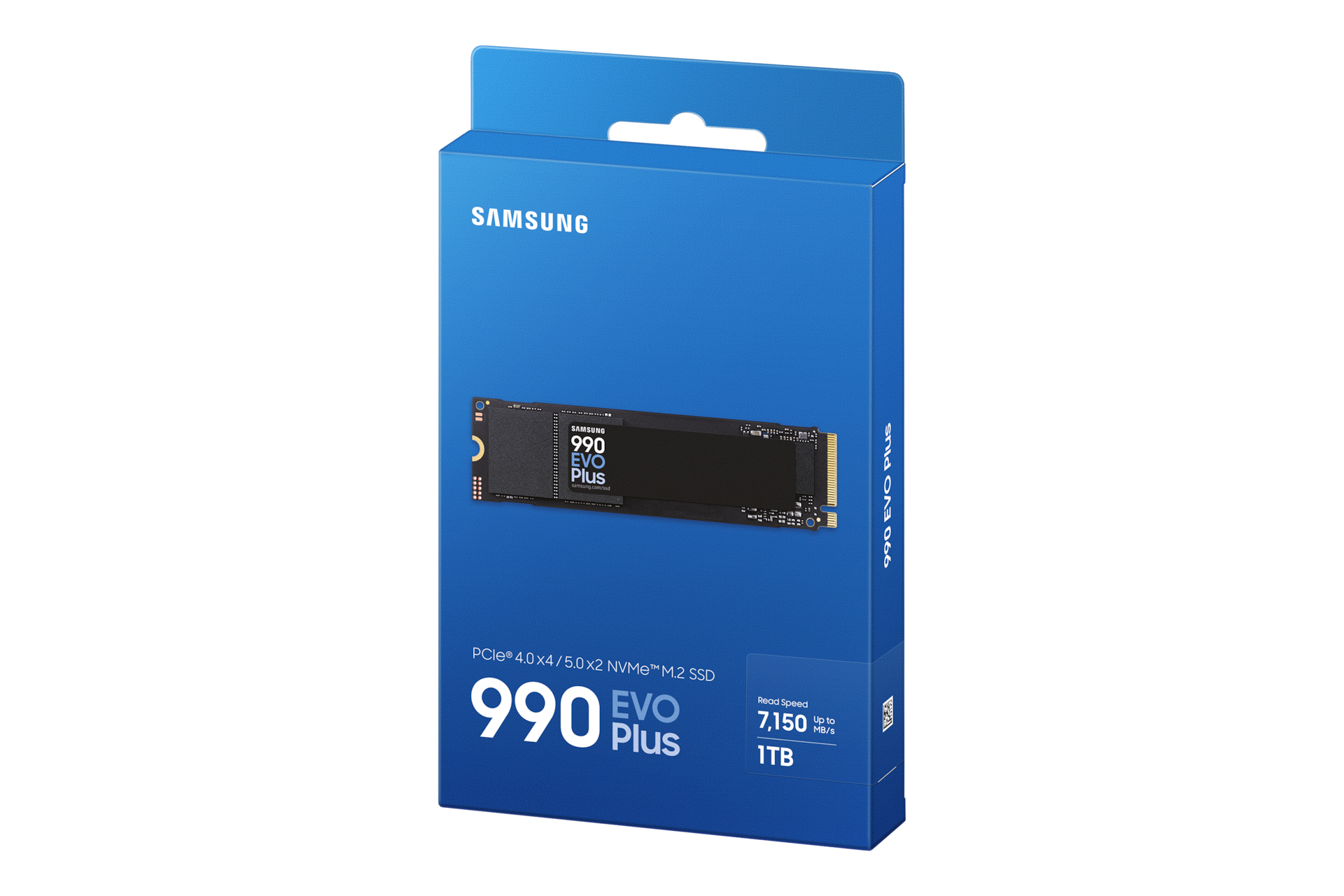 Niebieskie pudełko z dyskiem SSD Samsung w środku. Pudełko pokazuje czarny dysk SSD z napisem "990 EVO Plus".