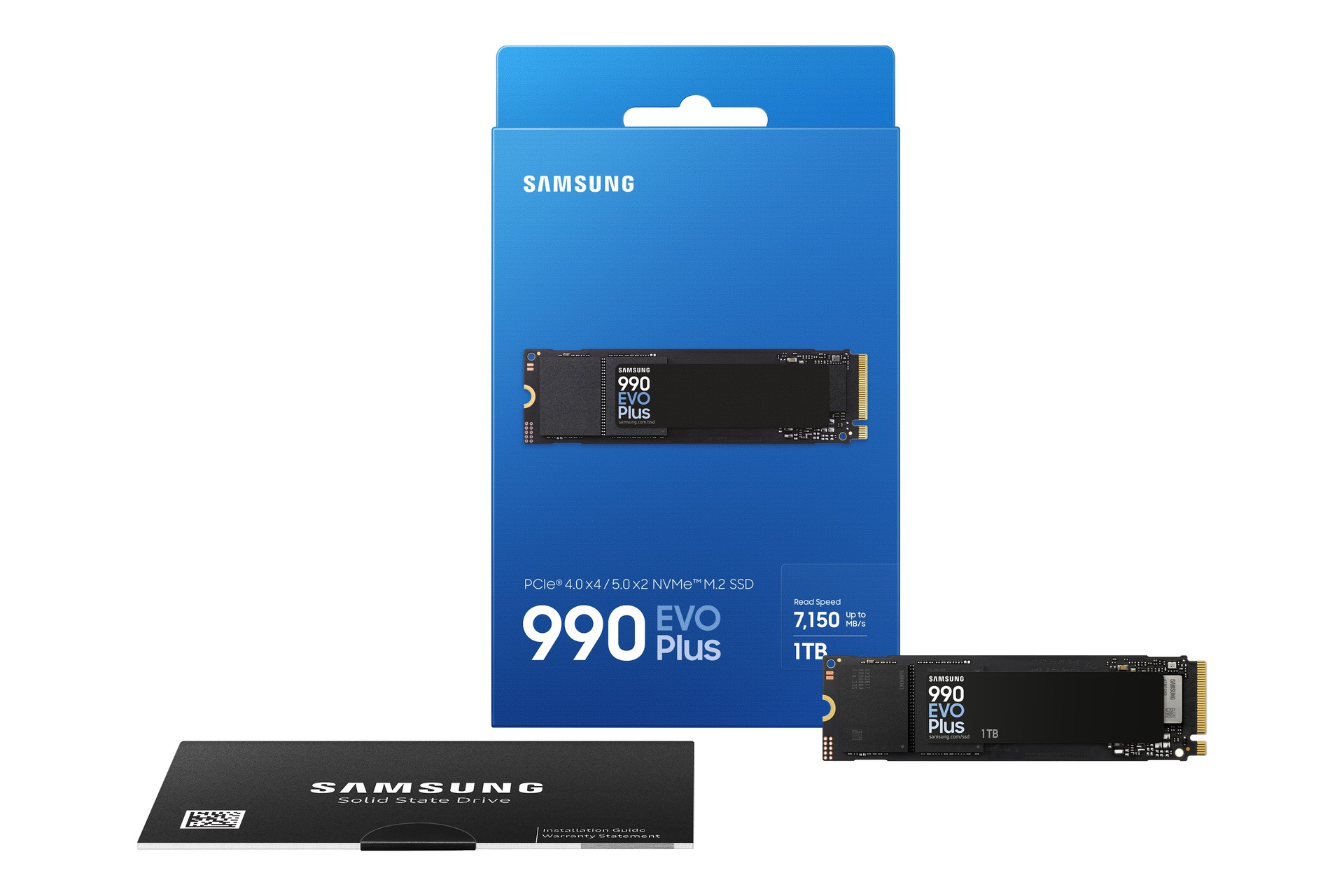 Dysk SSD Samsung 990 EVO Plus w niebieskim pudełku, z dyskiem SSD i czarną kartą, izolowany.