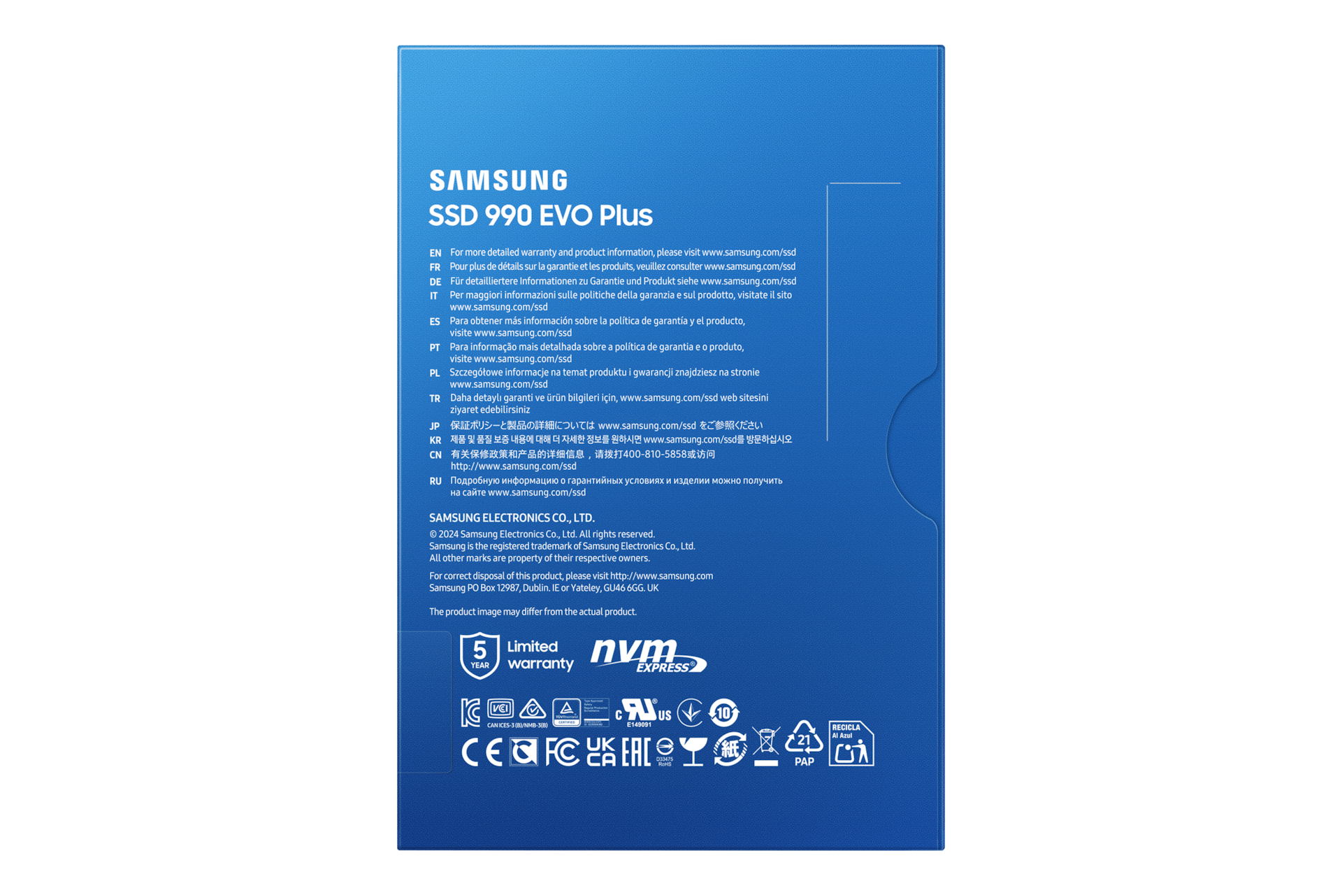 Pudełko Samsung SSD 990 EVO Plus. Niebieskie i czarne z tekstem. Widoczne logo i informacje o gwarancji.