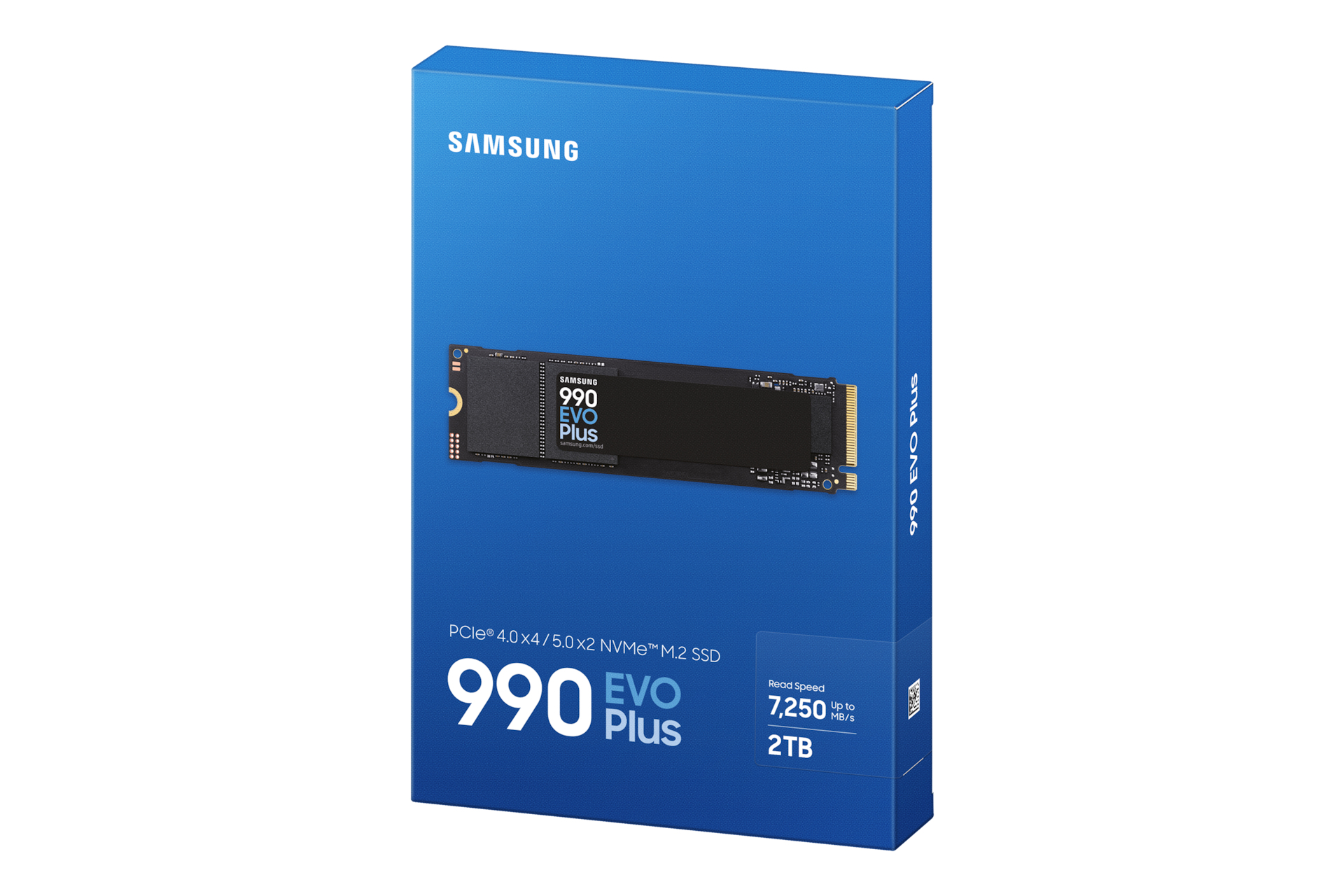 Dysk SSD Samsung 990 EVO Plus 2 TB w niebieskim pudełku, pokazujący szczegóły produktu.