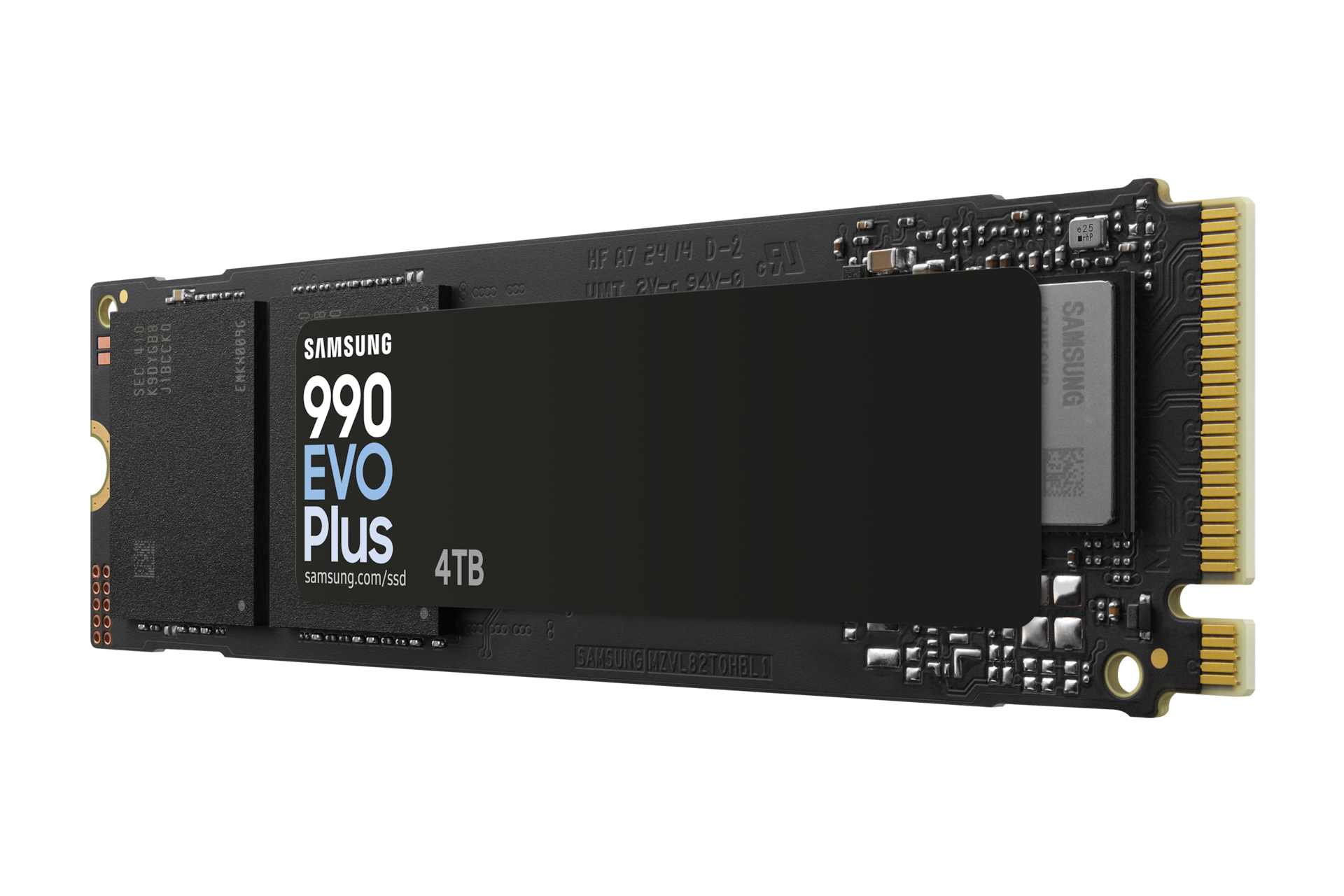 SSD Samsung 990 EVO Plus, nero, con testo e logo ed etichetta argentata. Sfondo bianco.