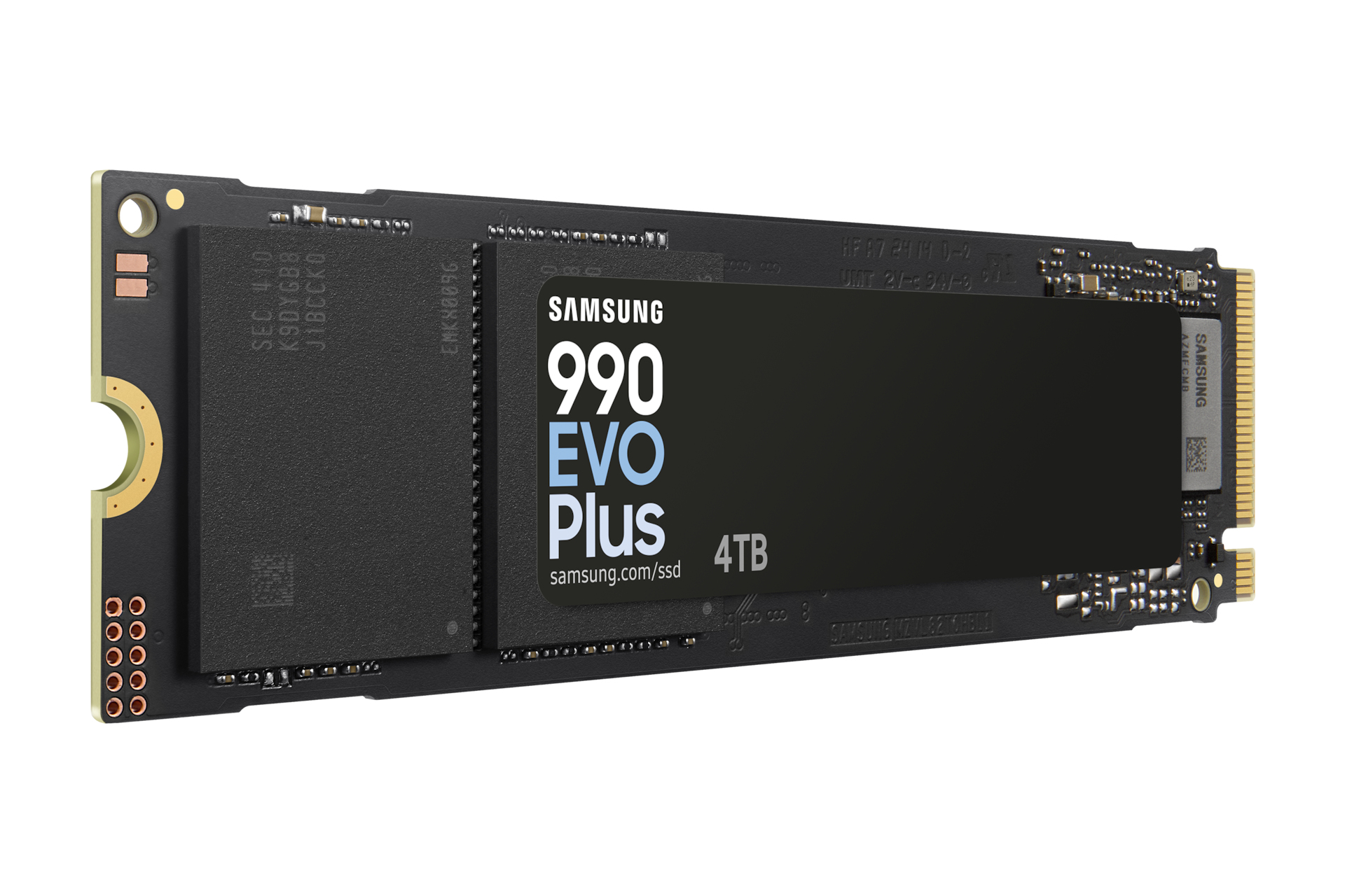 SSD Samsung 990 EVO Plus da 4TB, nero, isolato su bianco con dettagli del prodotto visibili.