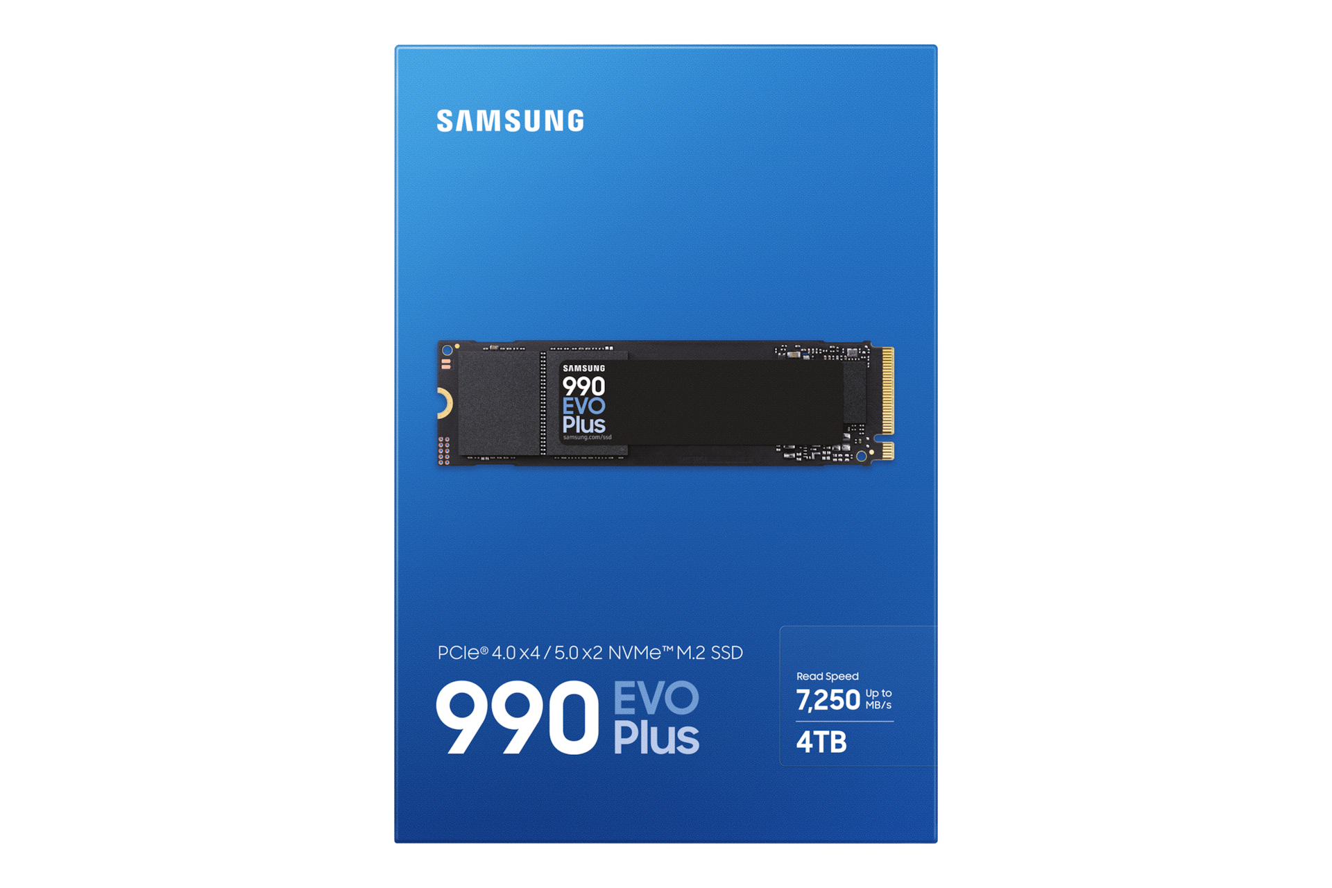 Scatola SSD Samsung 990 EVO Plus, blu e bianca. Contiene l'SSD con testo e logo.