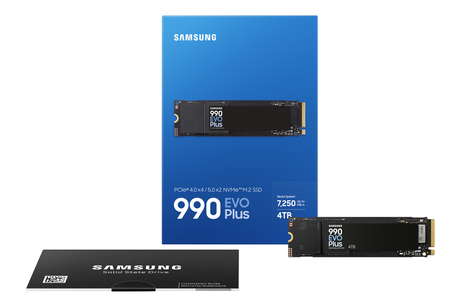 Opakowanie SSD. Samsung 990 EVO Plus, 4TB, czarno-niebieski design.