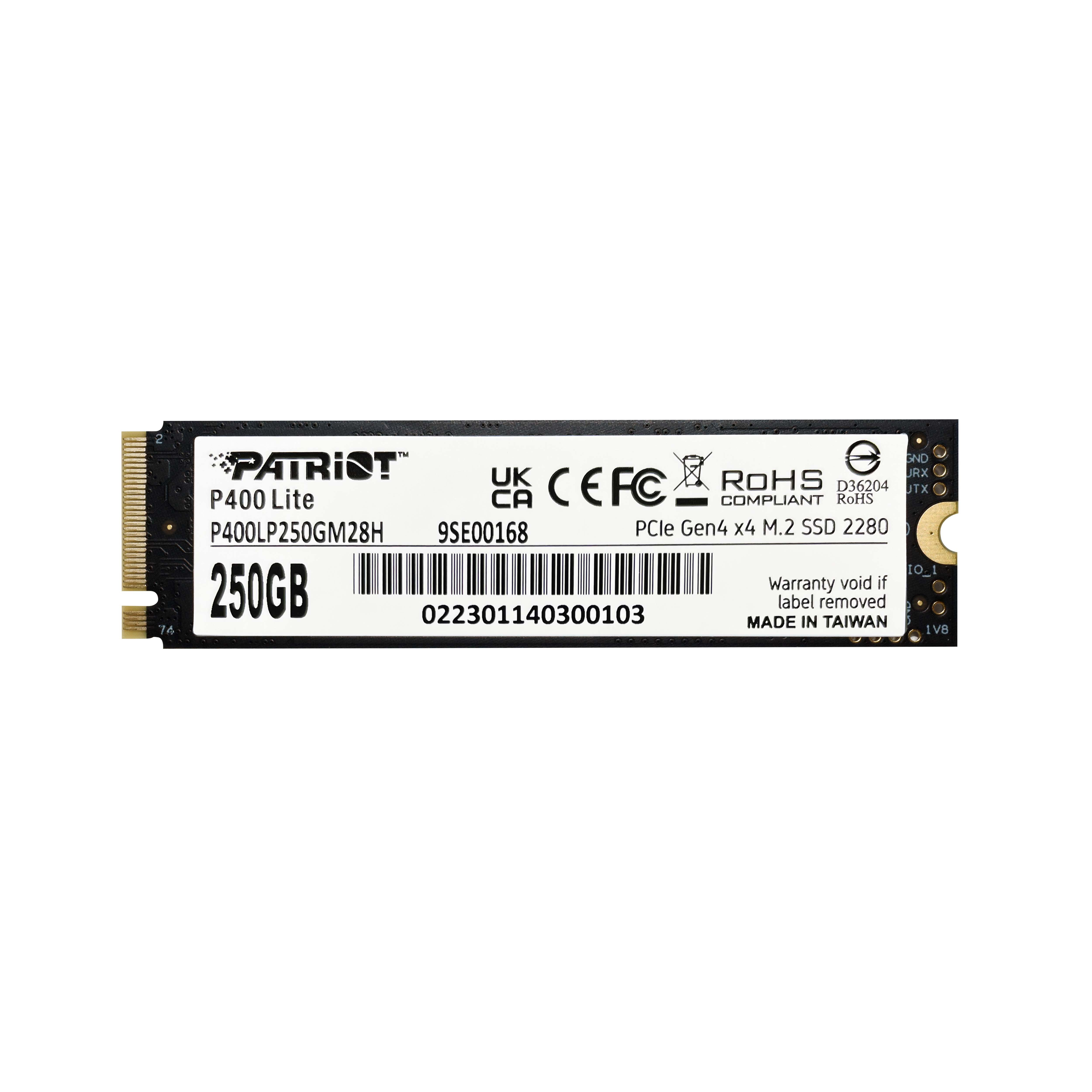 Dysk SSD M.2. Patriot P400 Lite, 250GB. Biała etykieta z czarno-niebieskim tekstem.
