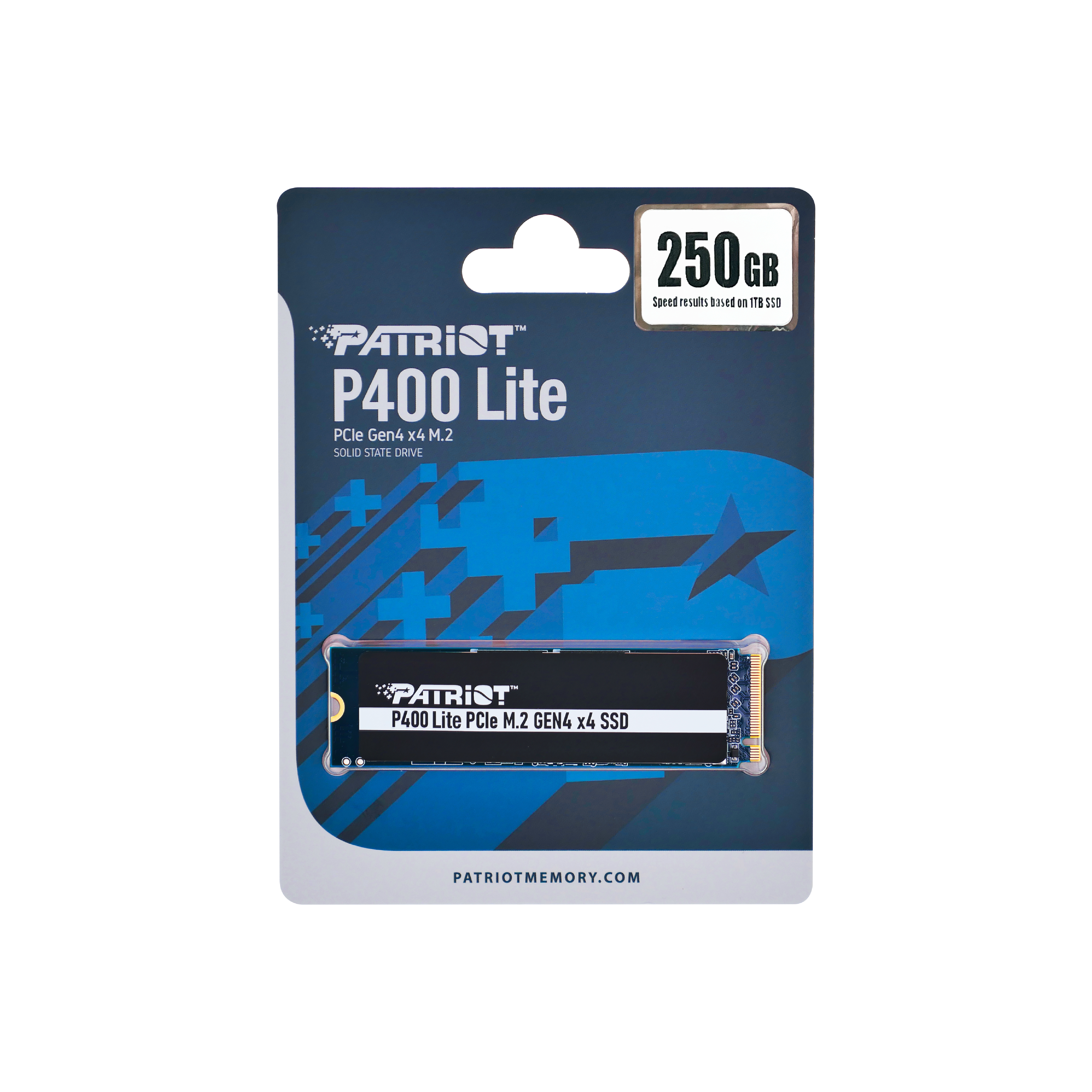 Karta SSD Patriot P400 Lite w opakowaniu. Czarny i niebieski design, białe tło.