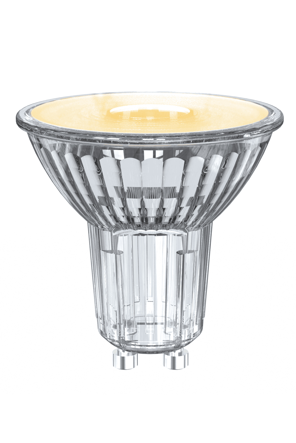 Una lampadina trasparente, piccola, con un bagliore giallo su sfondo bianco.