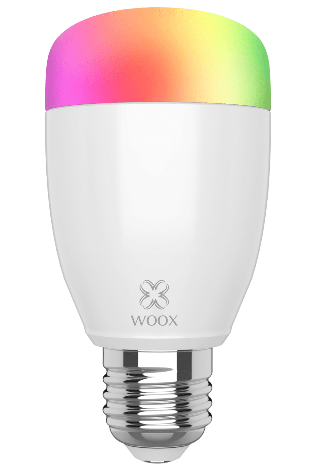 Una lampadina bianca con la parte superiore colorata. La lampadina ha la scritta 'WOOX' ed è su sfondo bianco.