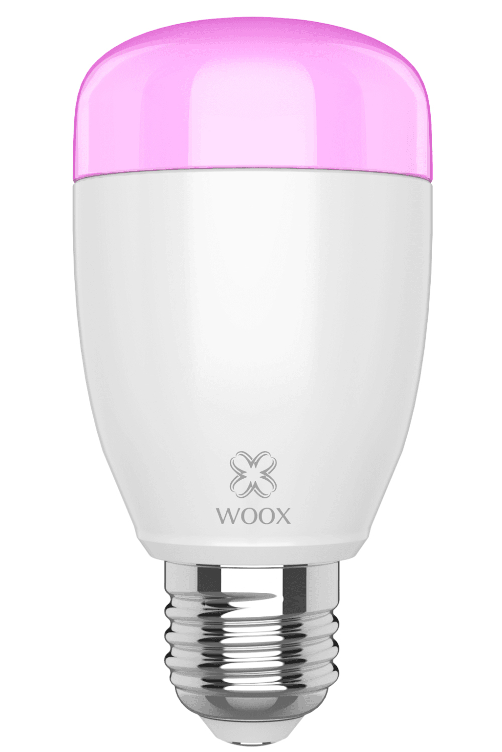 Una lampadina bianca con la parte superiore rosa. La lampadina è un prodotto del marchio Woox.