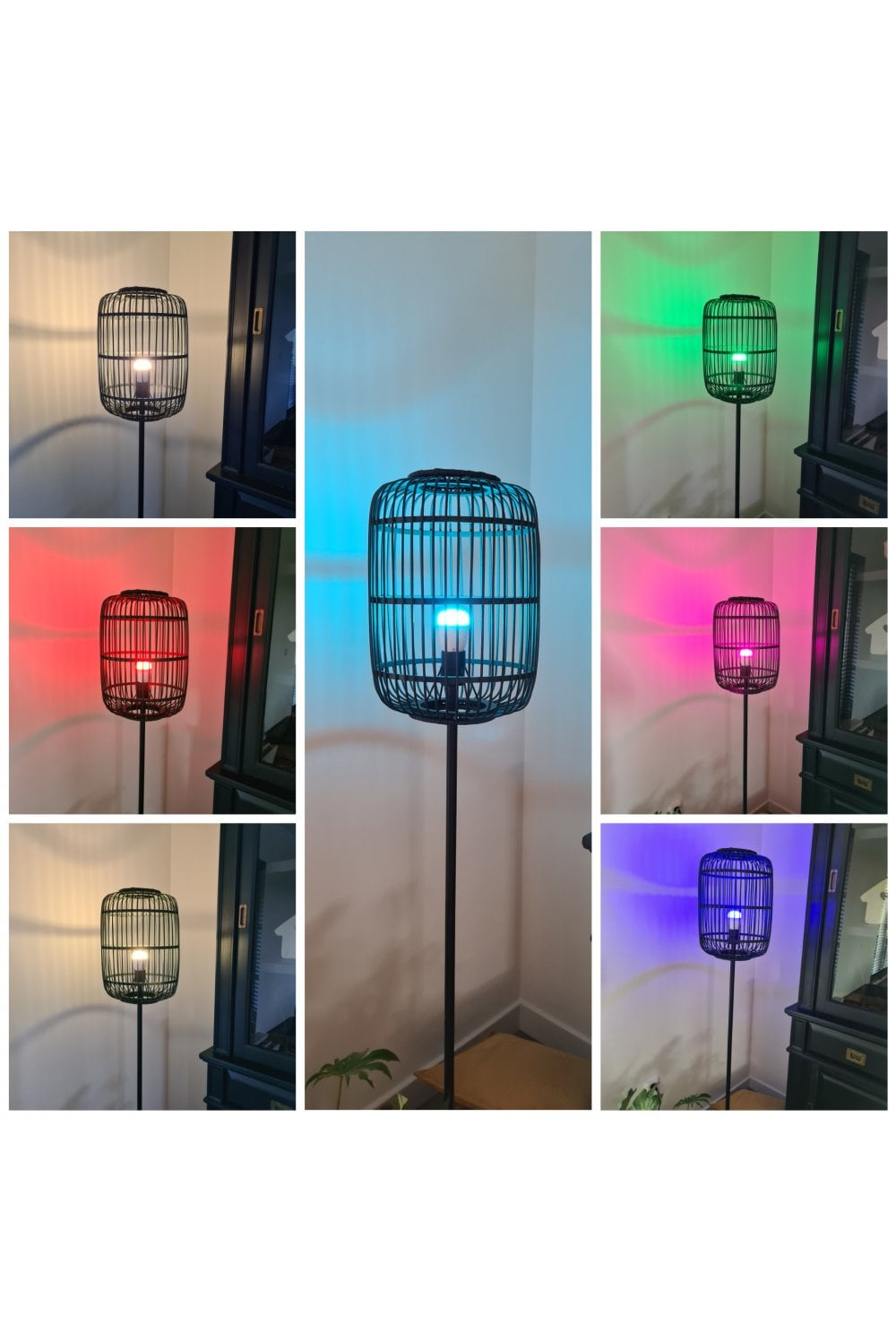 Una serie di immagini mostra una lampada con luci di diversi colori. La lampada ha una cornice nera.