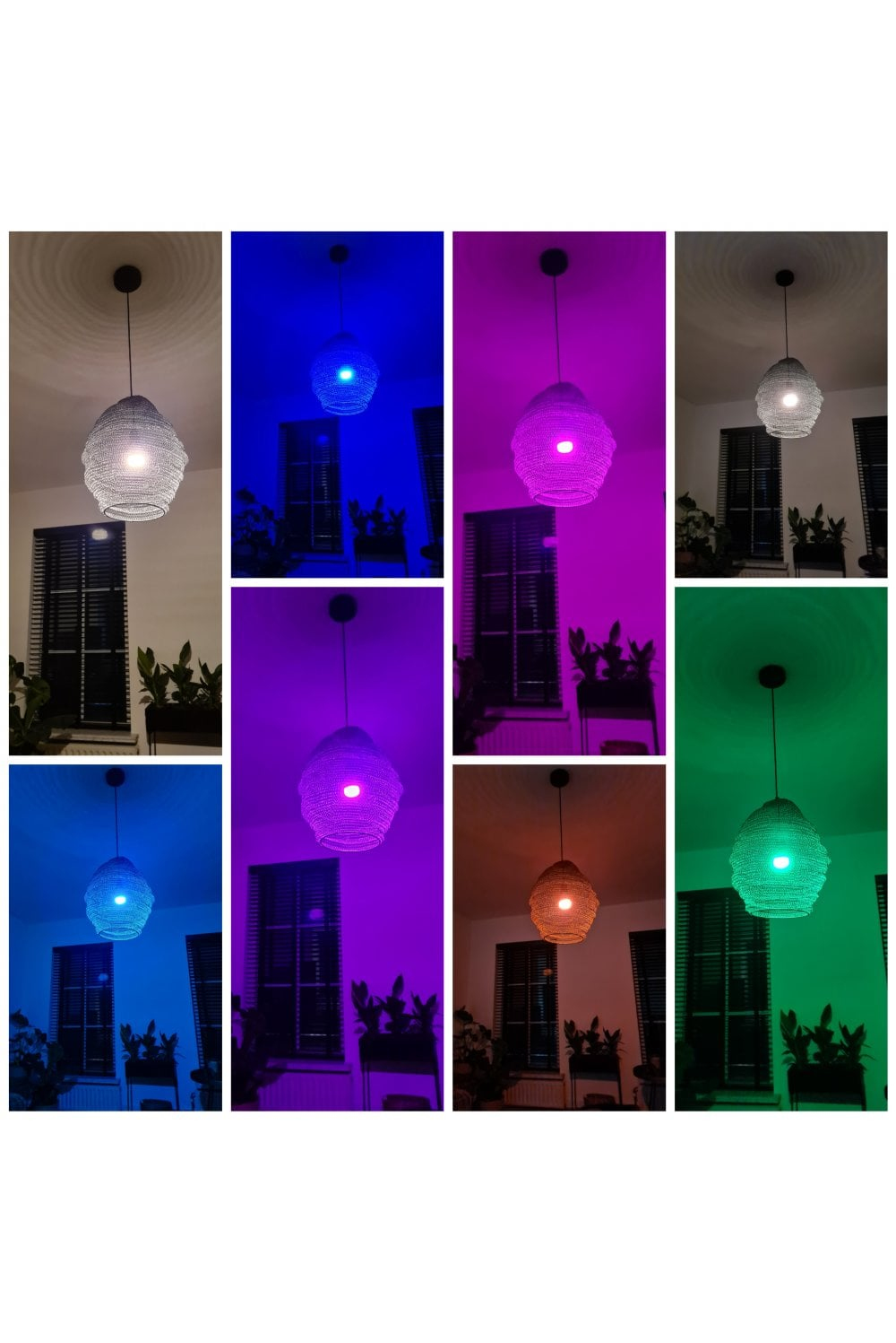 Una serie di immagini mostra una lampada a sospensione con luci di diversi colori.