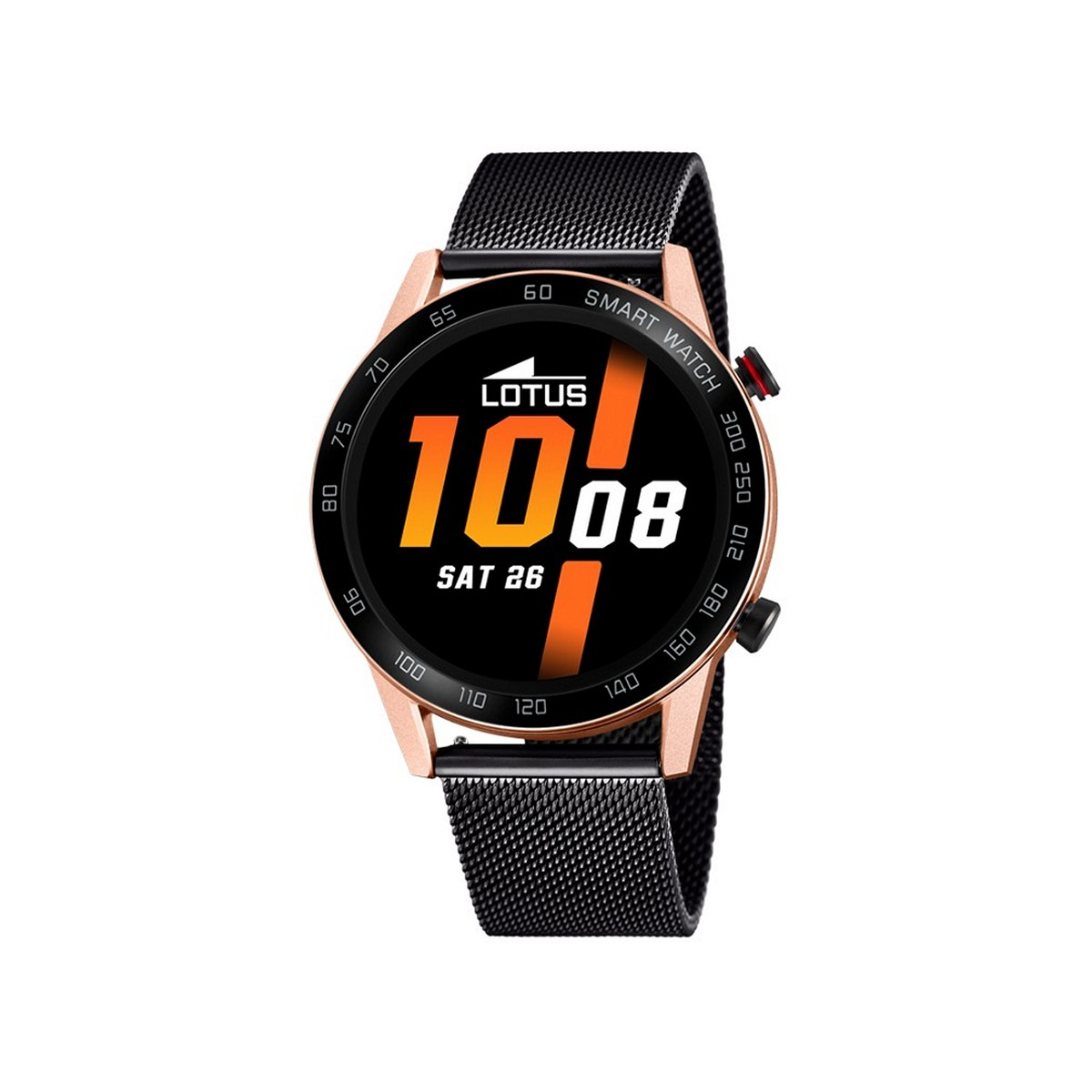 Lotus-Smartwatch mit schwarzem Armband und roségoldfarbenem Gehäuse, zeigt die Uhrzeit.