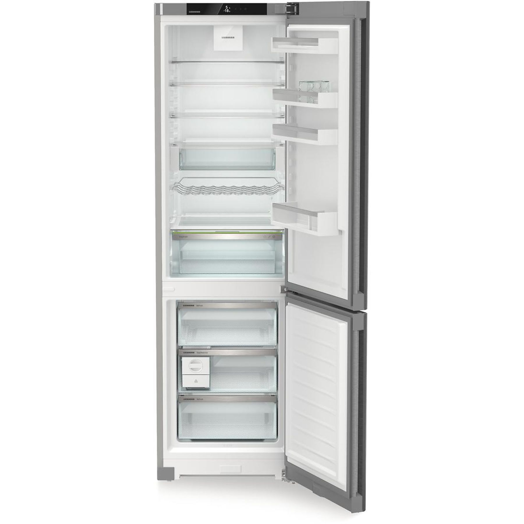 Refrigerador abierto, principalmente blanco con marco gris. Estantes y cajones interiores visibles.