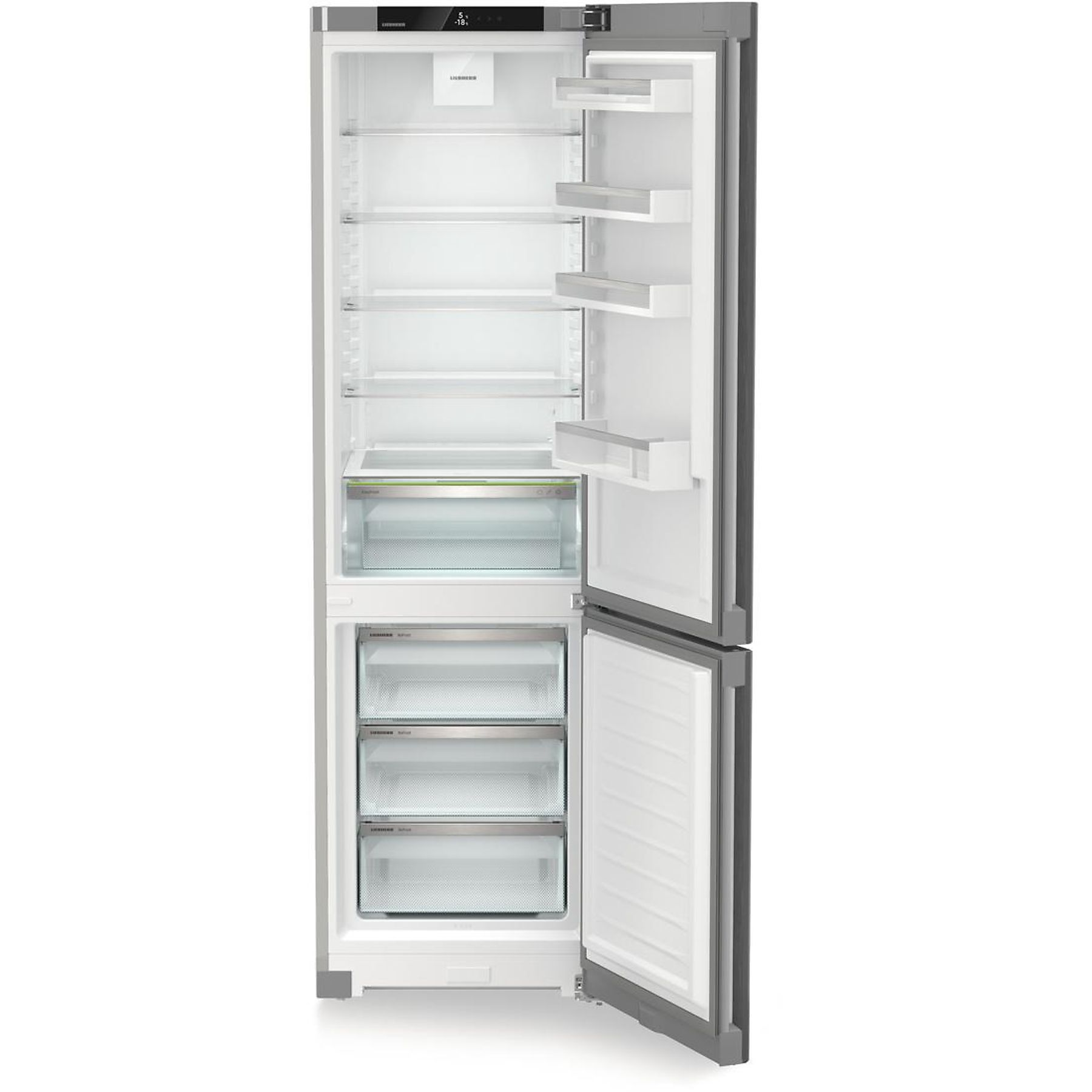 Silberner Liebherr-Kühlschrank, geöffnet, Innenansicht. Mit Regalen, Schubladen und Inhalt.