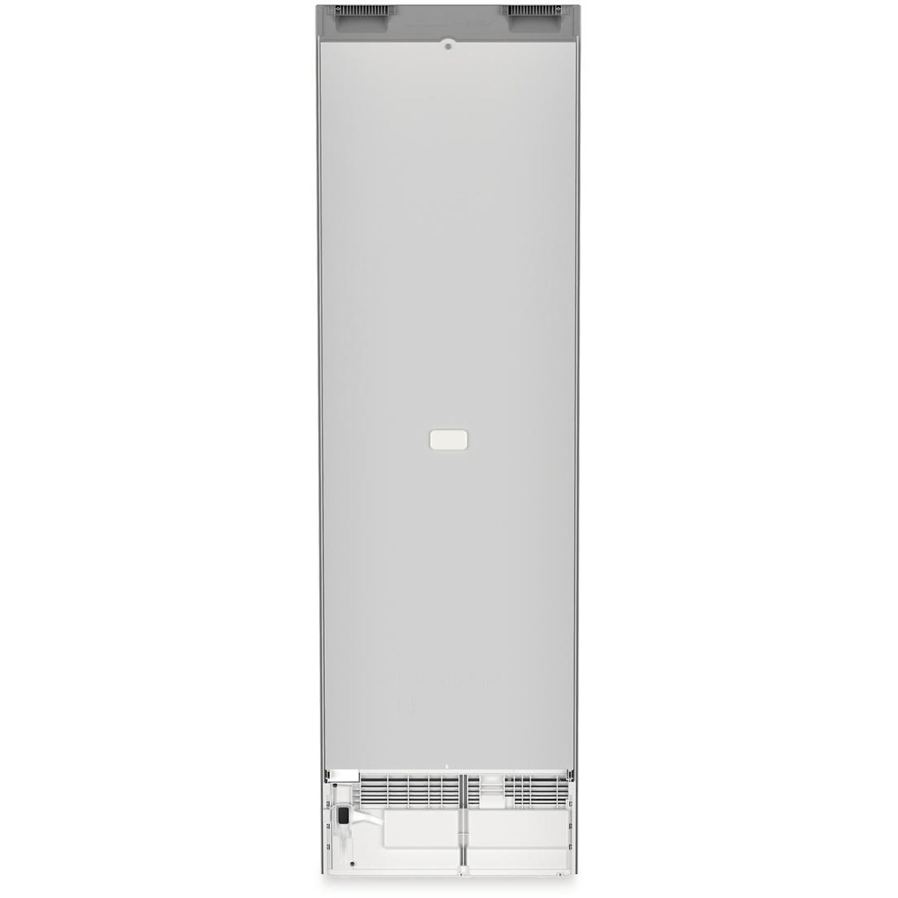 Silberner Liebherr-Kühlschrank, Rückansicht. Hohes, zweitüriges Gerät.